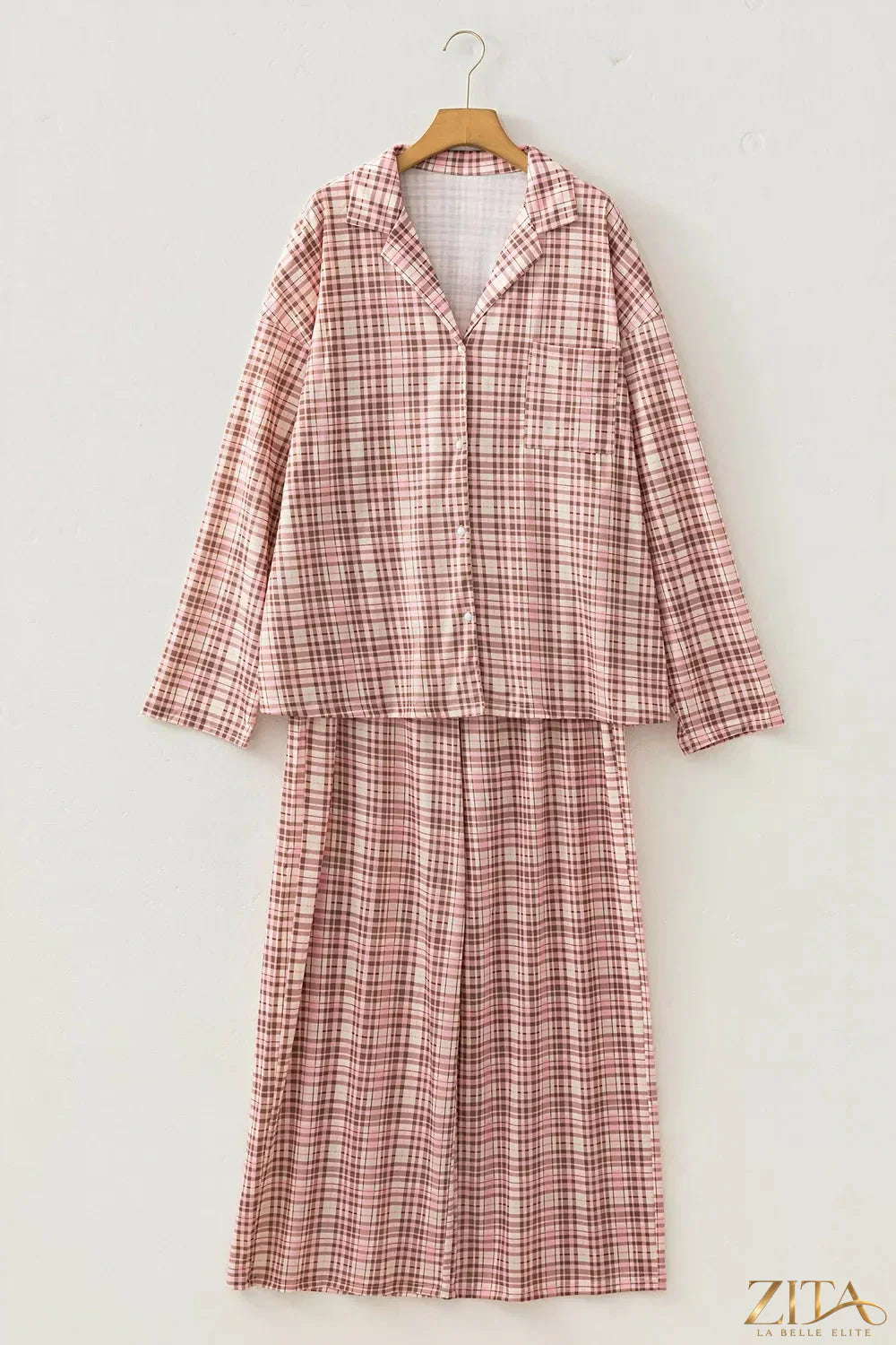 Zita La Belle Elite plaid patch pockets long sleeve lounge set, two-piece set with a relaxed fit and cozy fabric for comfort.