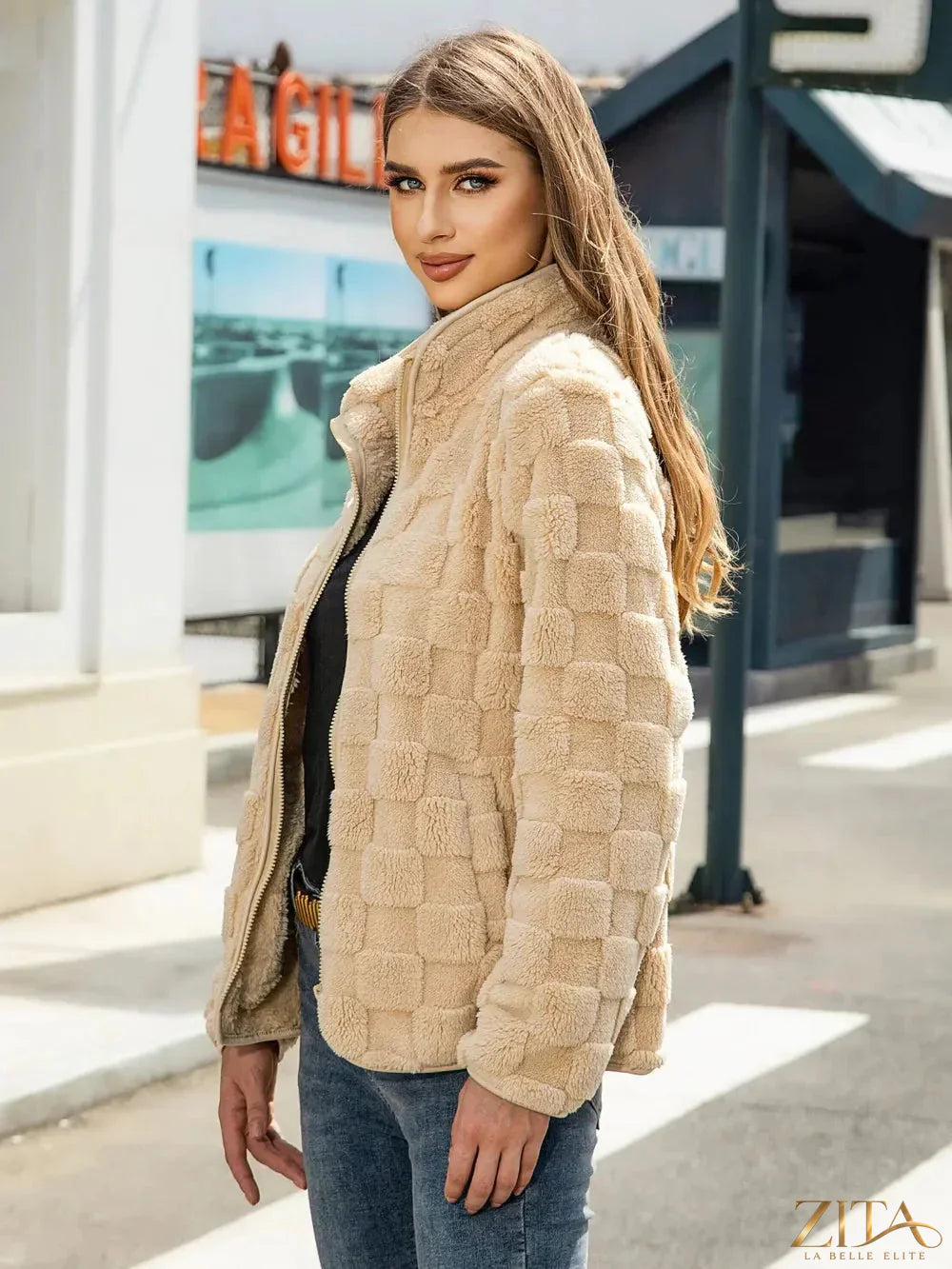 Zita La Belle Elite fuzzy checkered zip-up jacket with soft fabric and stylish pattern, ideal for casual wear and warmth.