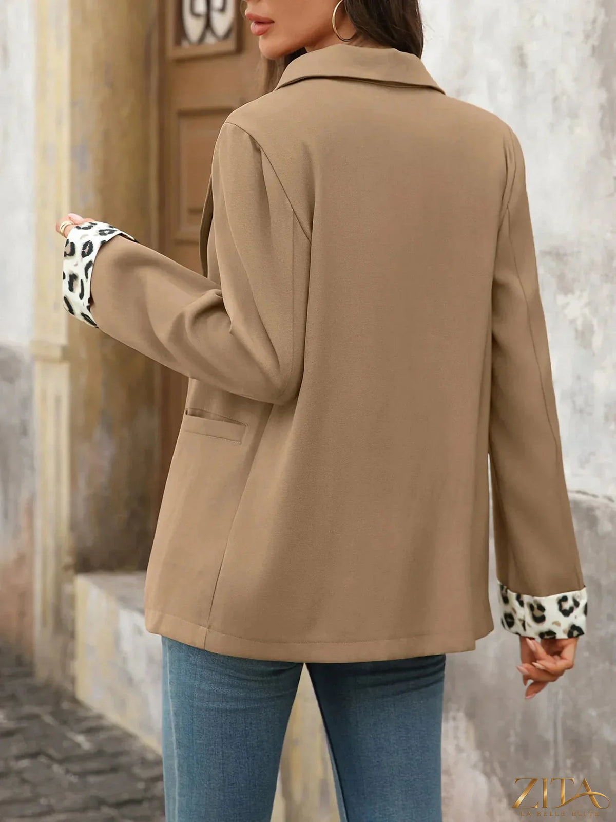 Zita La Belle Elite leopard cuff blazer with lapel collar, long sleeves, tailored fit, and stylish animal print detail.