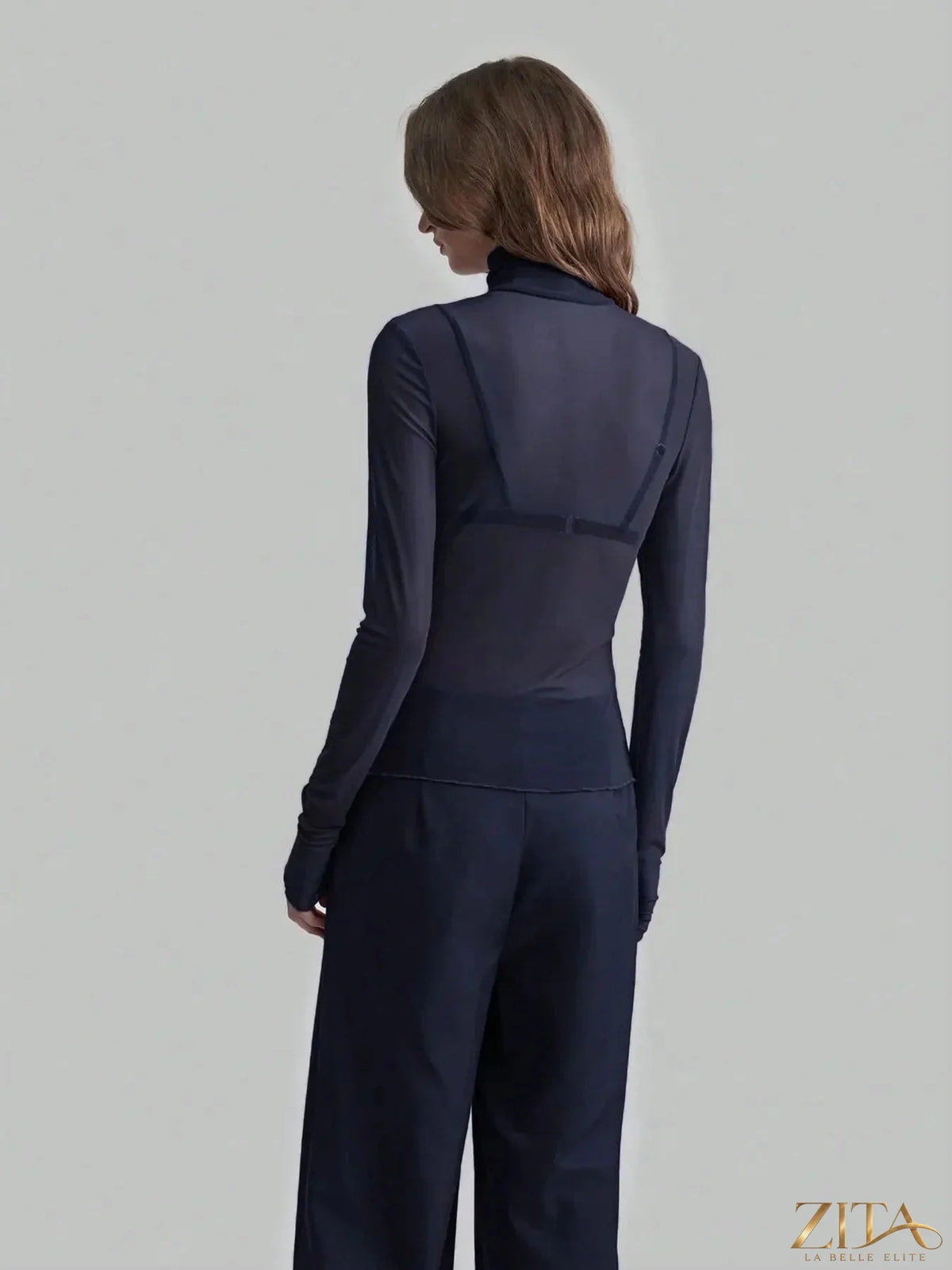 Zita La Belle Elite turtleneck long sleeve top in soft fabric, close-up view showing fit and texture.