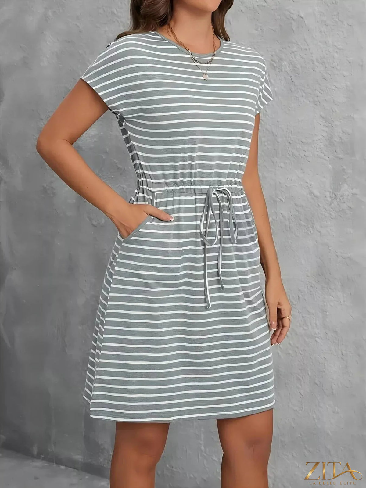 Zita La Belle Elite casual striped dress with drawstring waist, lightweight fabric, and relaxed fit for everyday wear.