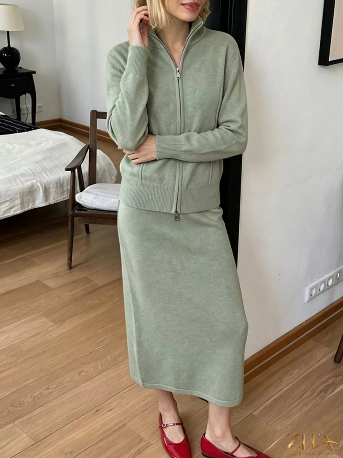 Zita La Belle Elite zip-up mock neck cardigan and matching midi skirt sweater set, in soft knit fabric, shown on a model.