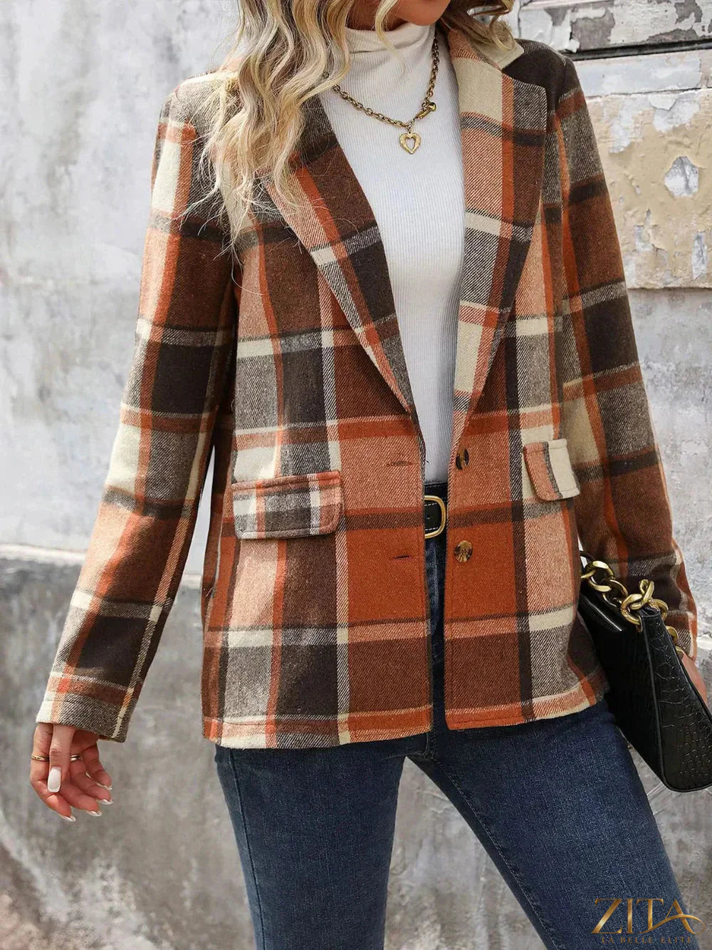Zita La Belle Elite Perfee plaid button-down blazer with lapel collar, featuring a stylish checkered pattern and tailored fit.