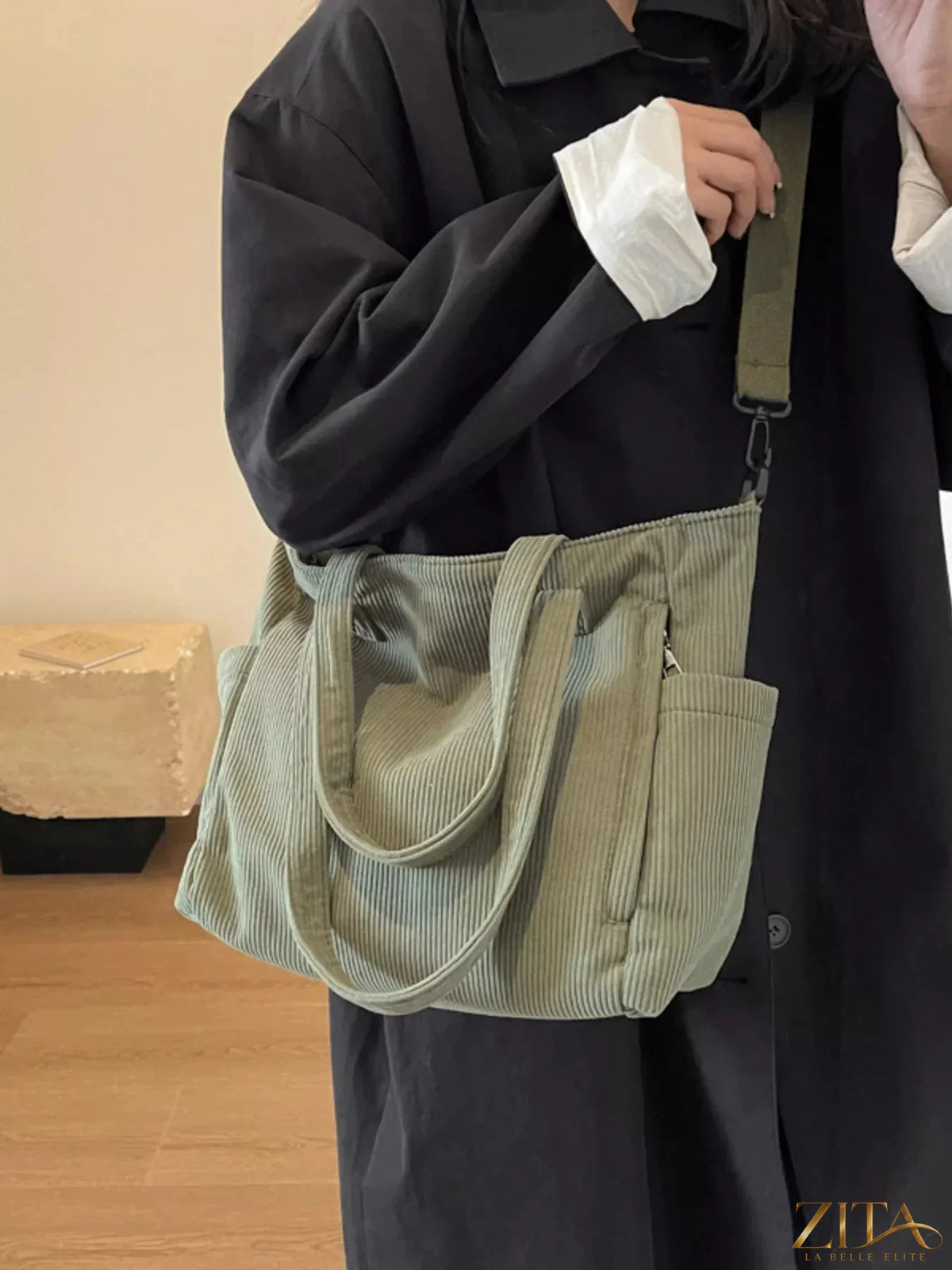 Zita La Belle Elite corduroy solid color handbag with top handle and zipper closure, stylish and versatile accessory.