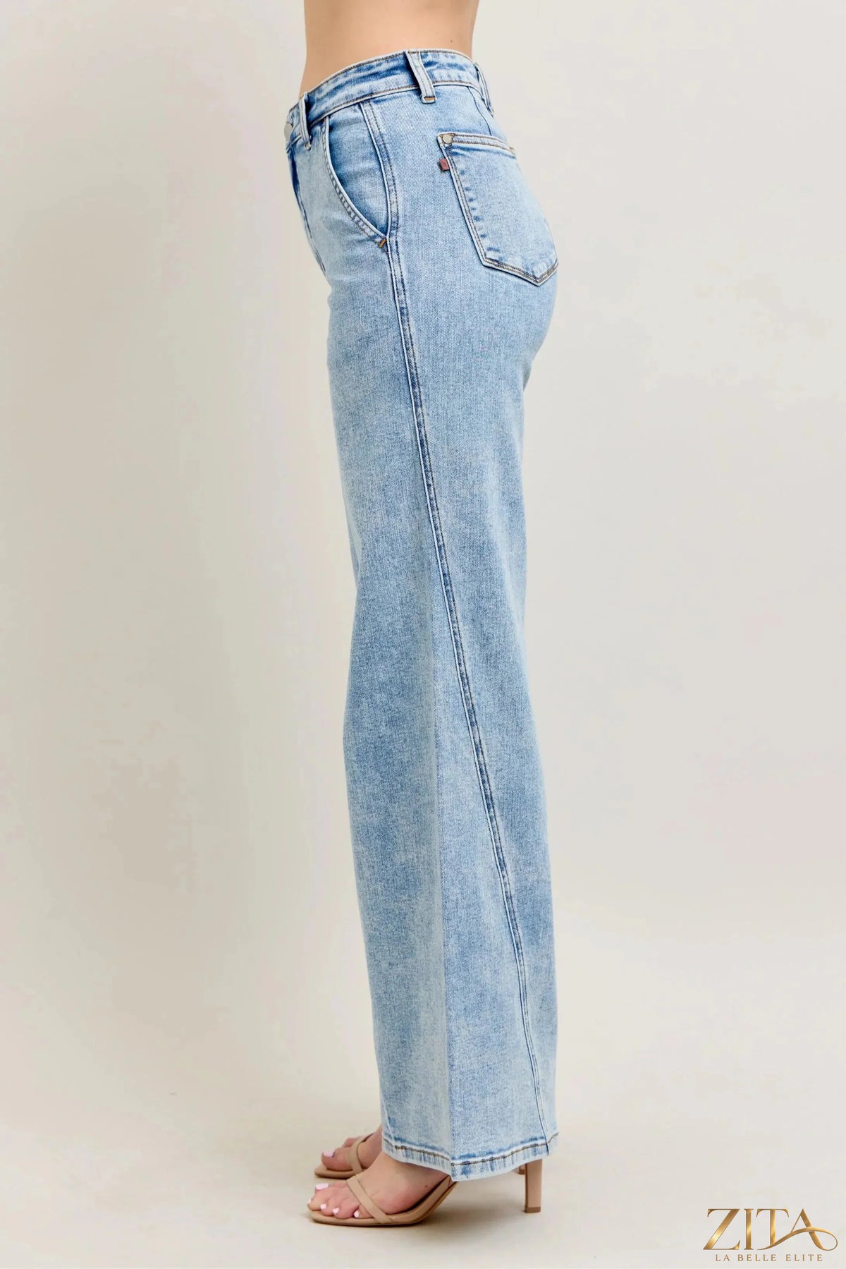 Zita La Belle Elite Judy Blue high waist wide leg jeans with skewed inseam, showcasing denim fabric and relaxed fit.
