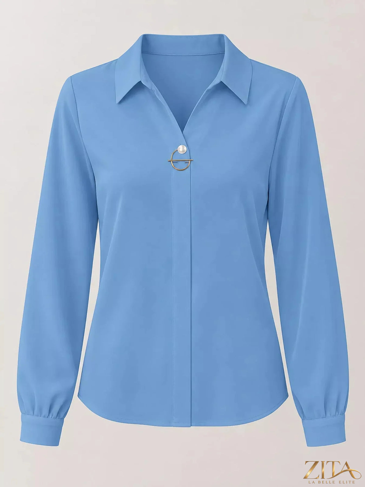 Zita La Belle Elite long sleeve satin blouse in soft, shiny fabric, featuring a classic collar and button-front design.