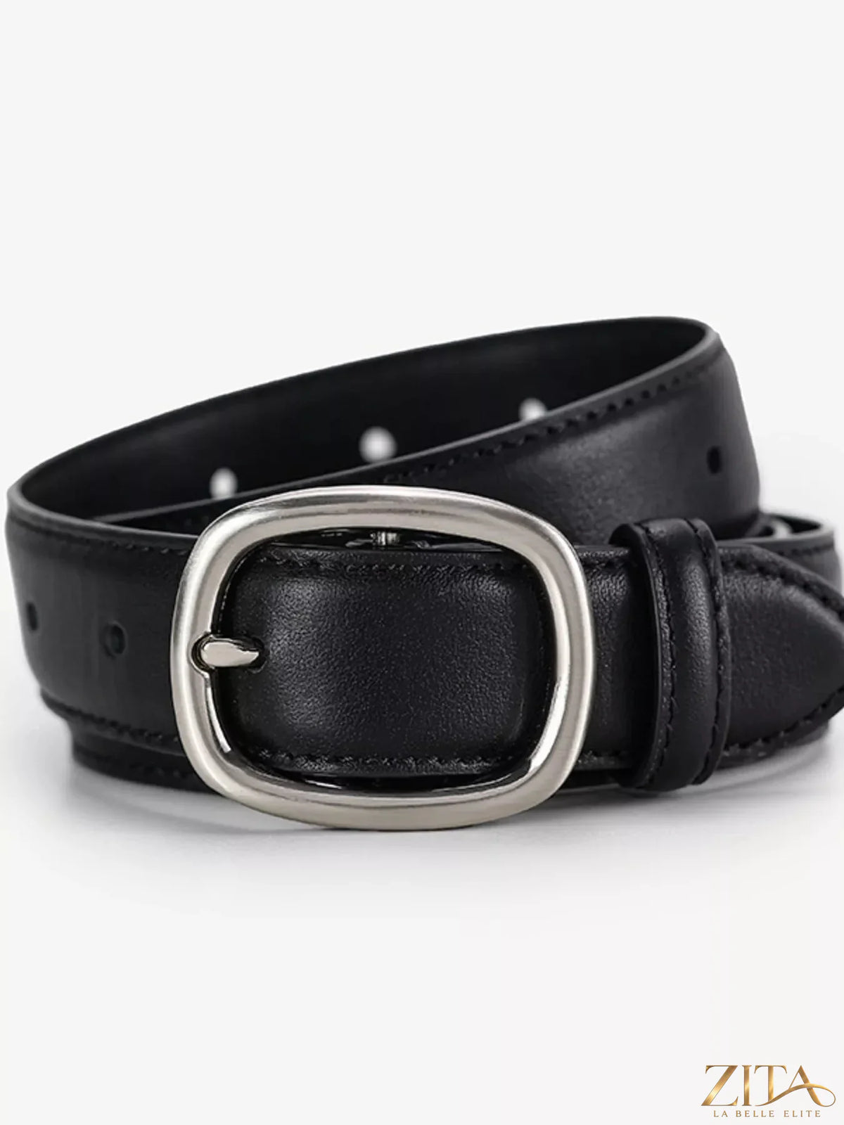 Leather belt with oval buckle from Trendsi, featuring a stylish and durable design, shown in a close-up view.