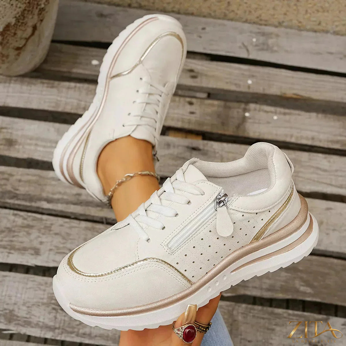 Zita La Belle Elite round toe lace-up sneakers in white with stylish design and comfortable fit.