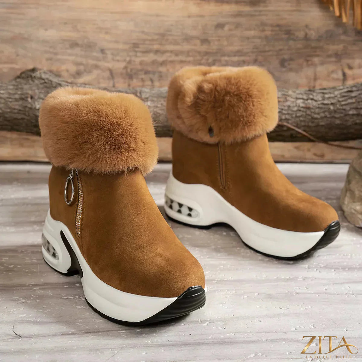 Zita La Belle Elite fuzzy side zipper platform ankle boots with chunky soles and stylish design, shown from a front angle.