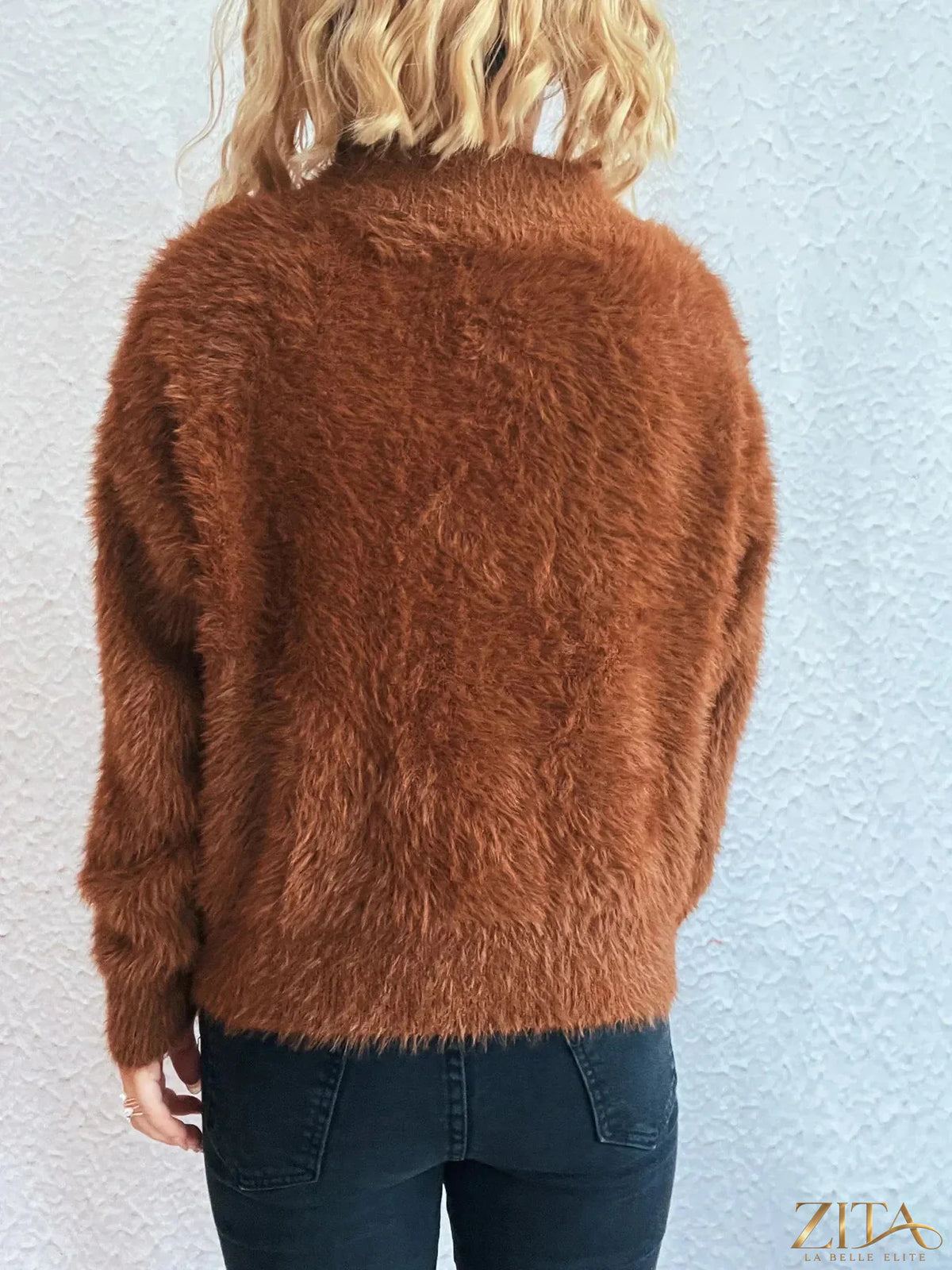 Zita La Belle Elite cozy fuzzy half-zip sweater in soft fabric with a relaxed fit and high collar, ideal for casual wear.