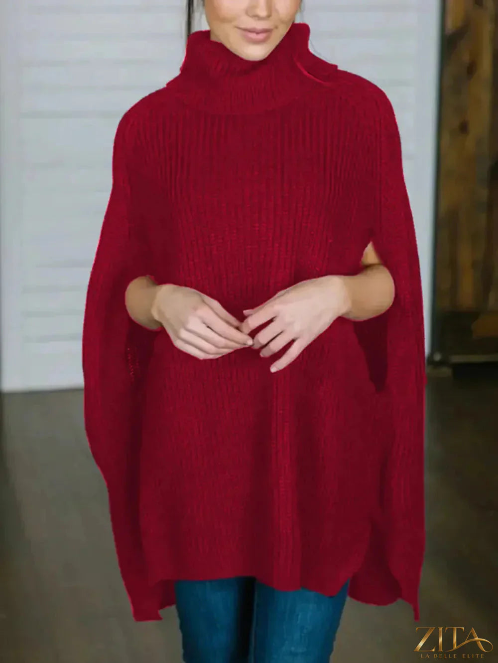 Zita La Belle Elite turtleneck slit sweater in soft knit fabric, featuring a stylish slit detail on the side.