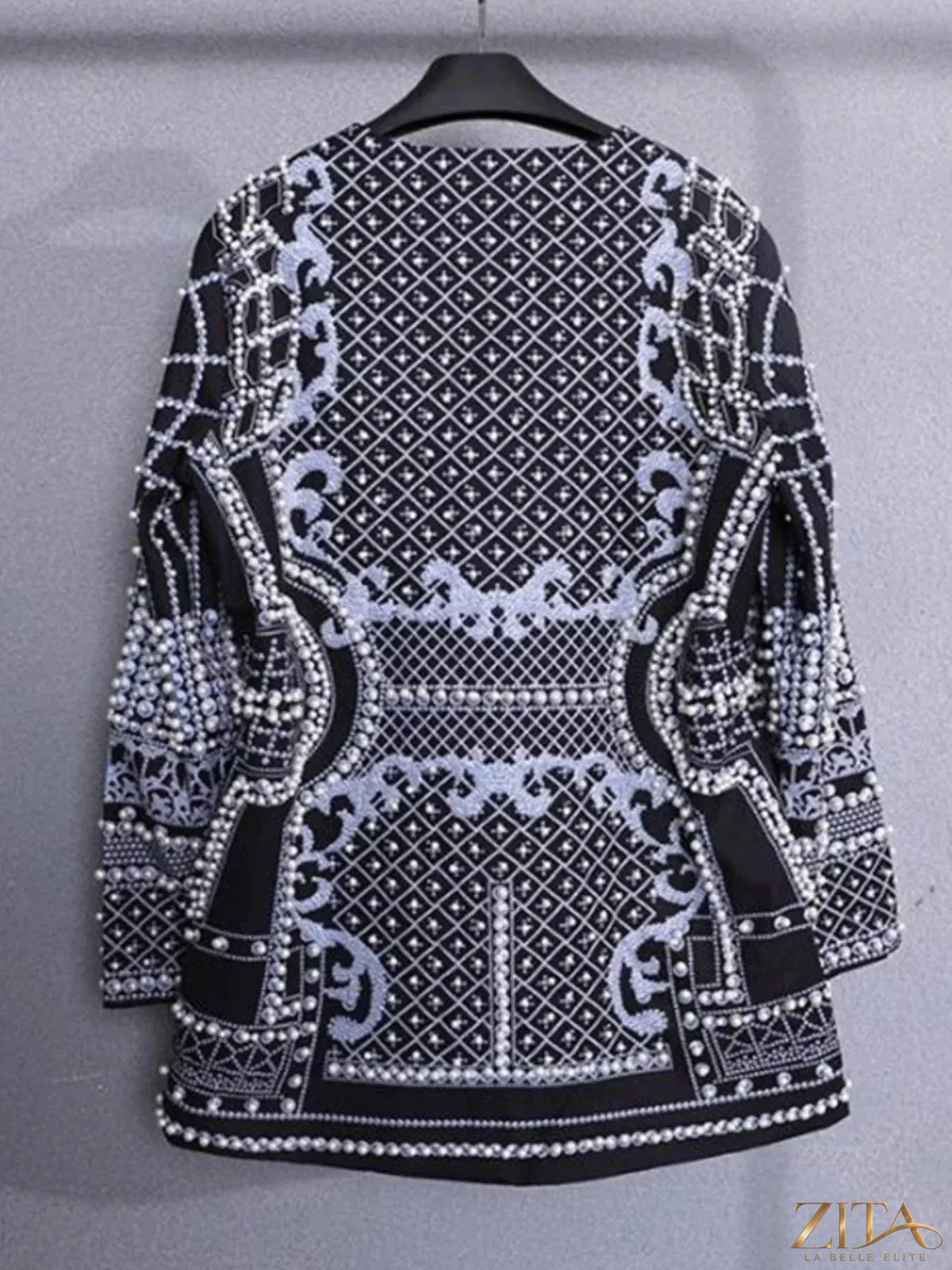 Plus size Zita La Belle Elite embellished pearl blazer with one-button closure, tailored fit, and stylish design.
