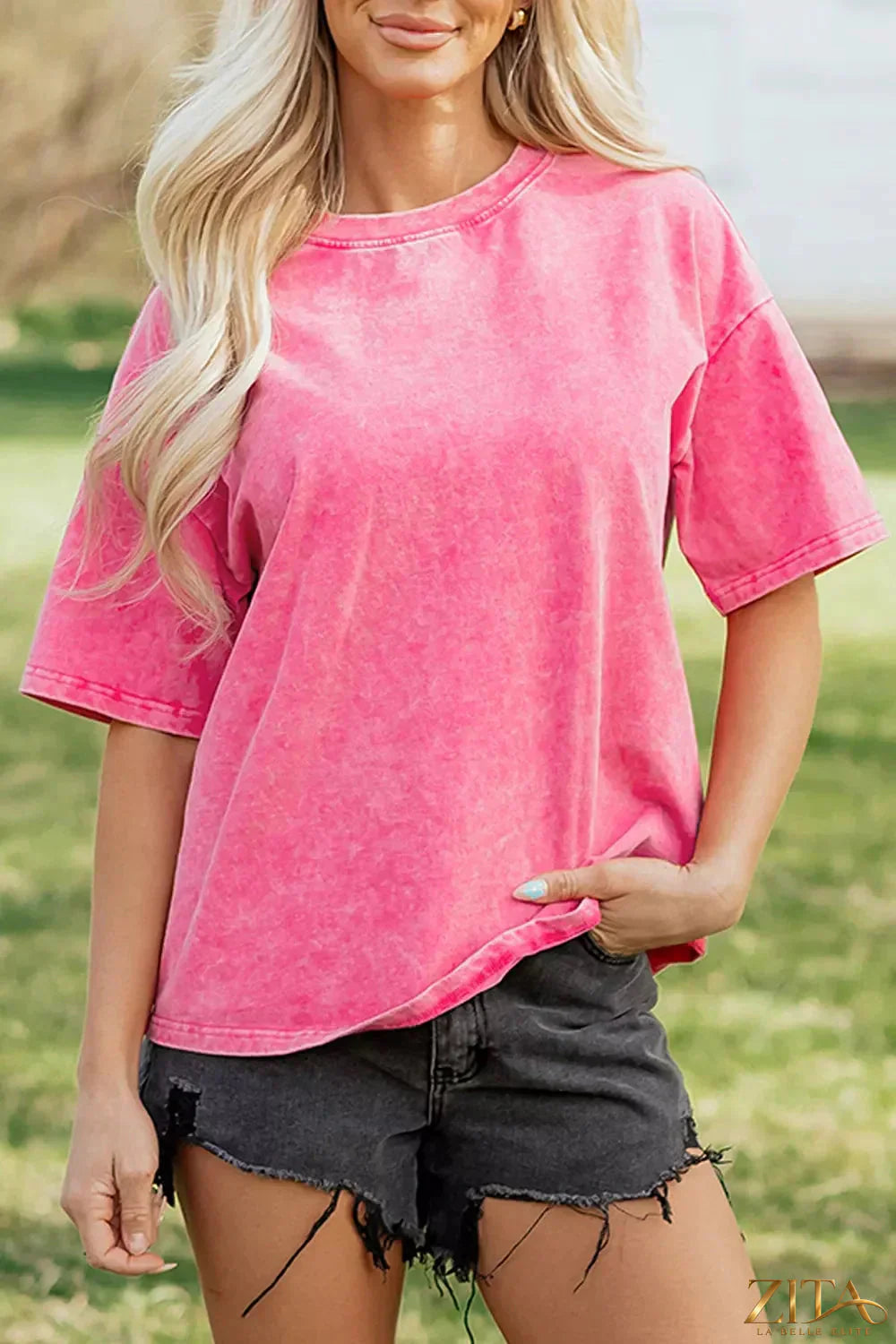 Mineral washed solid color cotton oversized T-shirt by Trendsi, relaxed fit with soft fabric and casual style.