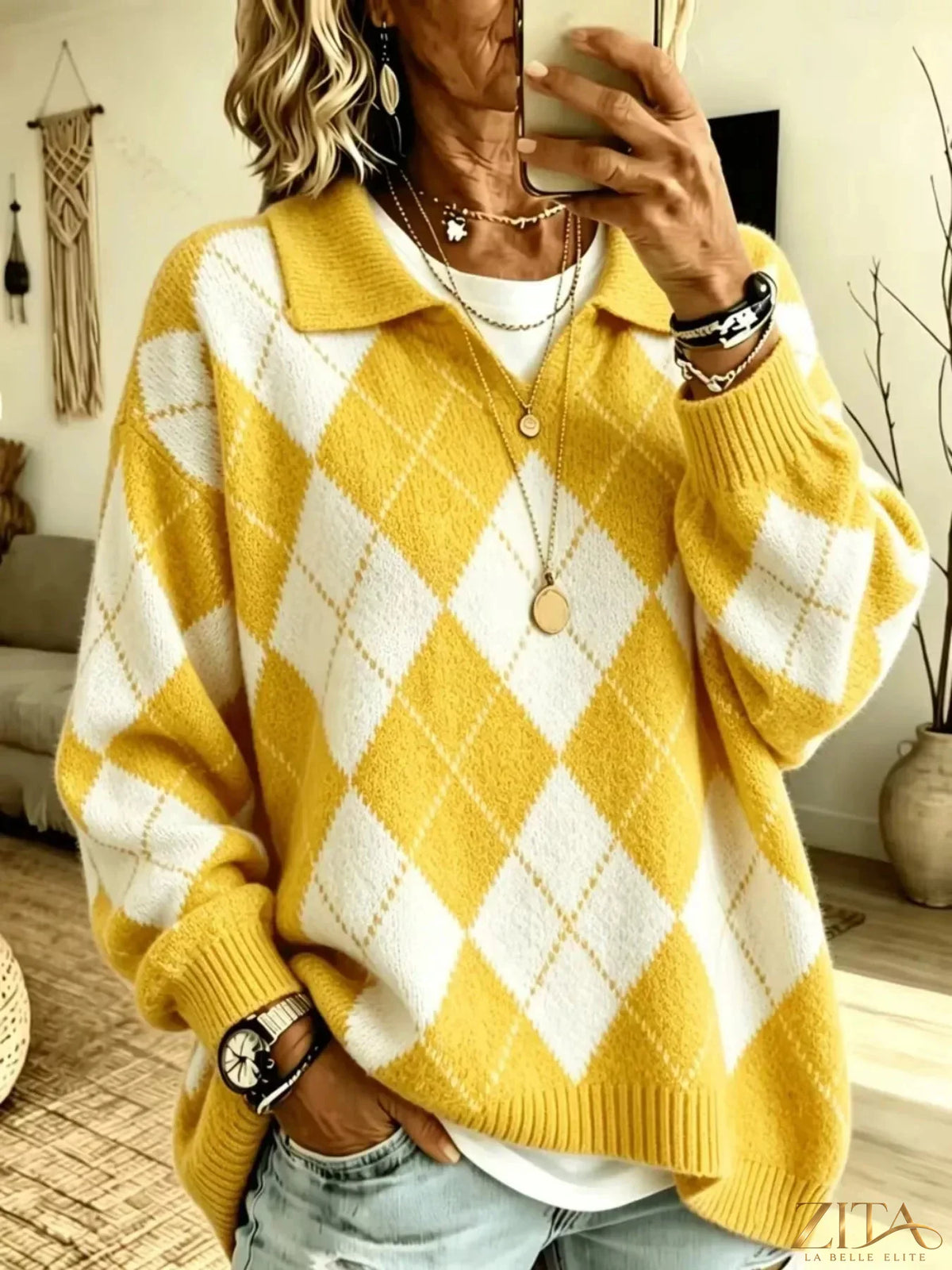 Zita La Belle Elite argyle pattern collared pullover sweater featuring a classic knit design and buttoned collar detail.