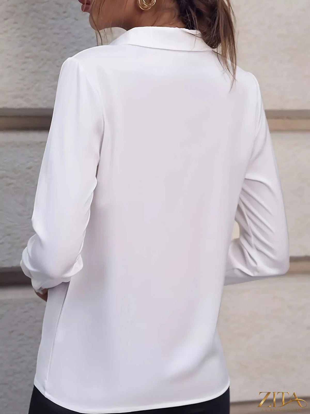 Zita La Belle Elite long sleeve satin blouse in elegant silk fabric, featuring a classic collar and button front.
