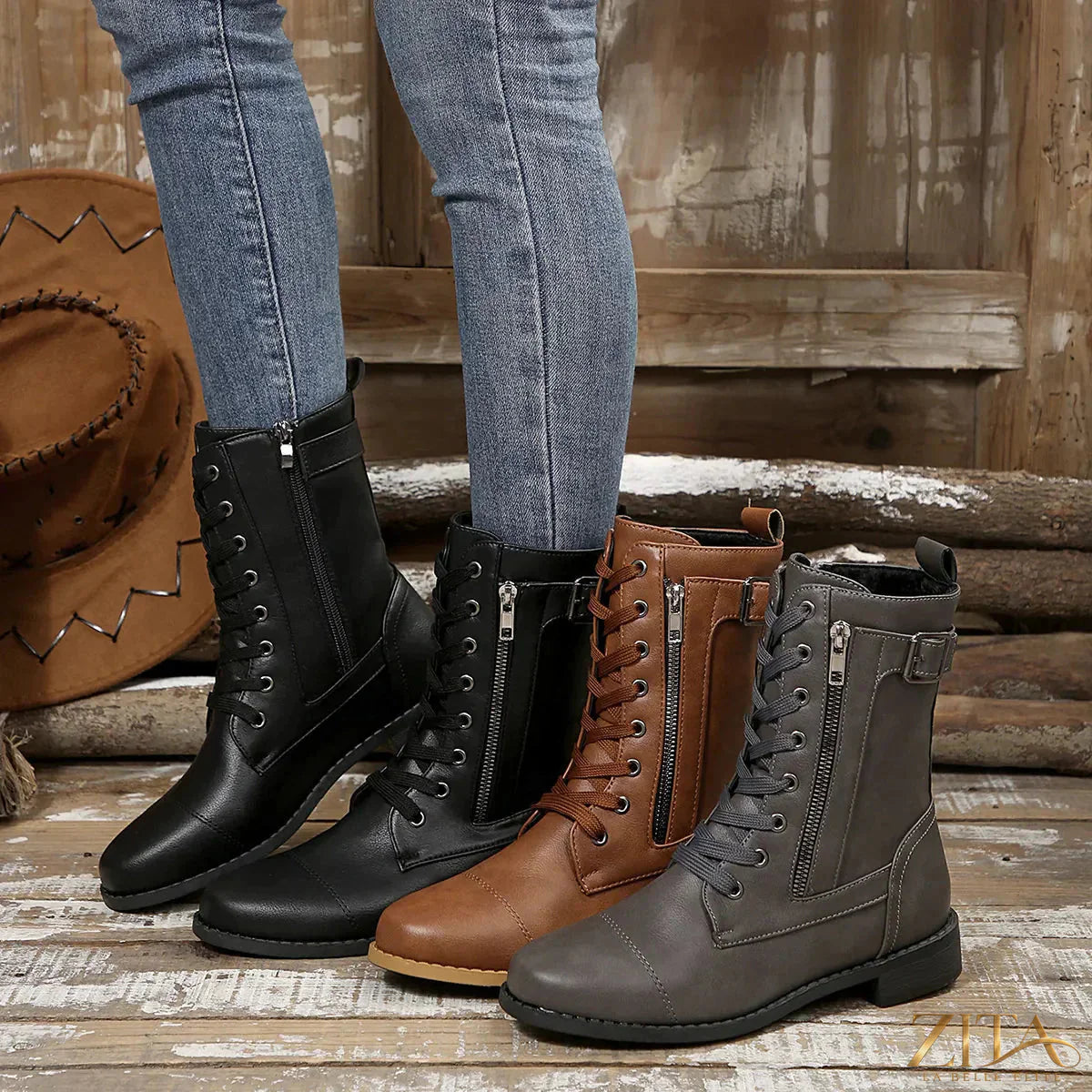 Zita La Belle Elite round toe lace-up block heel boots with sturdy heels and stylish design, shown in black on a white background.