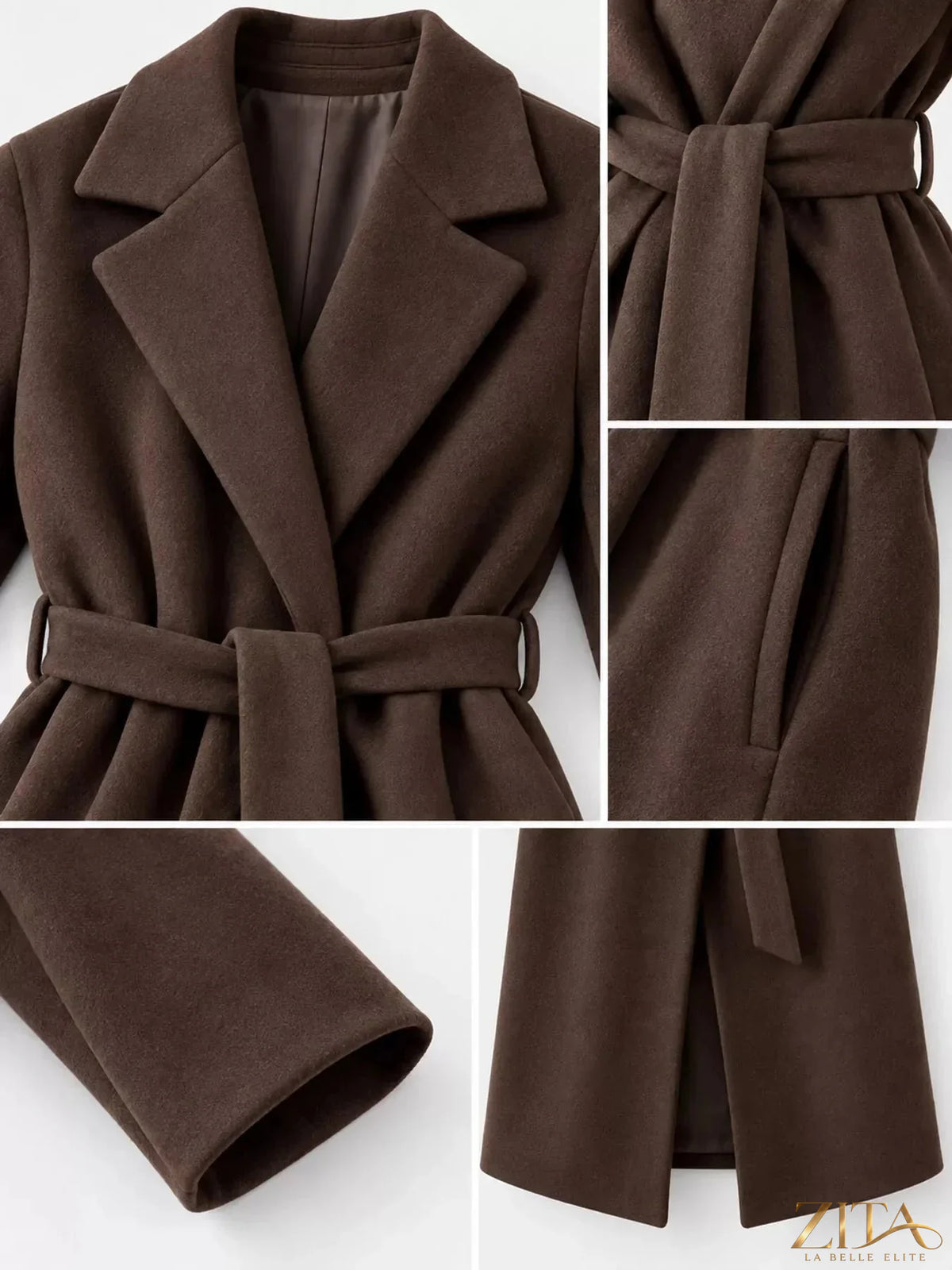 Zita La Belle Elite belted coat with lapel collar and long sleeves, featuring a stylish, tailored design in neutral fabric.