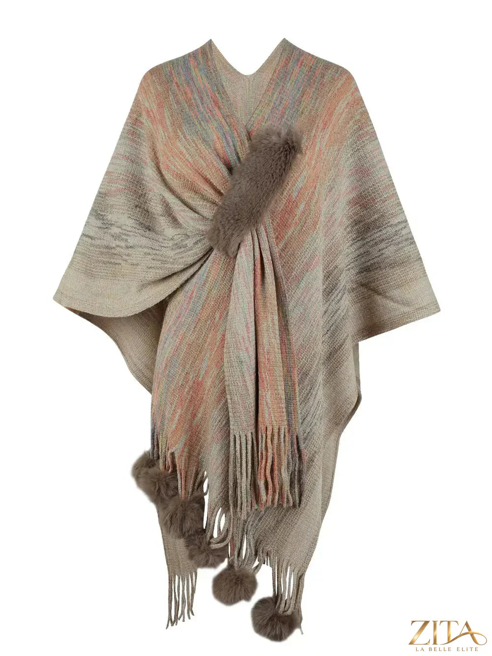 Heathered fringe hem poncho in soft fabric with a relaxed fit, featuring a stylish fringe detail along the hem.