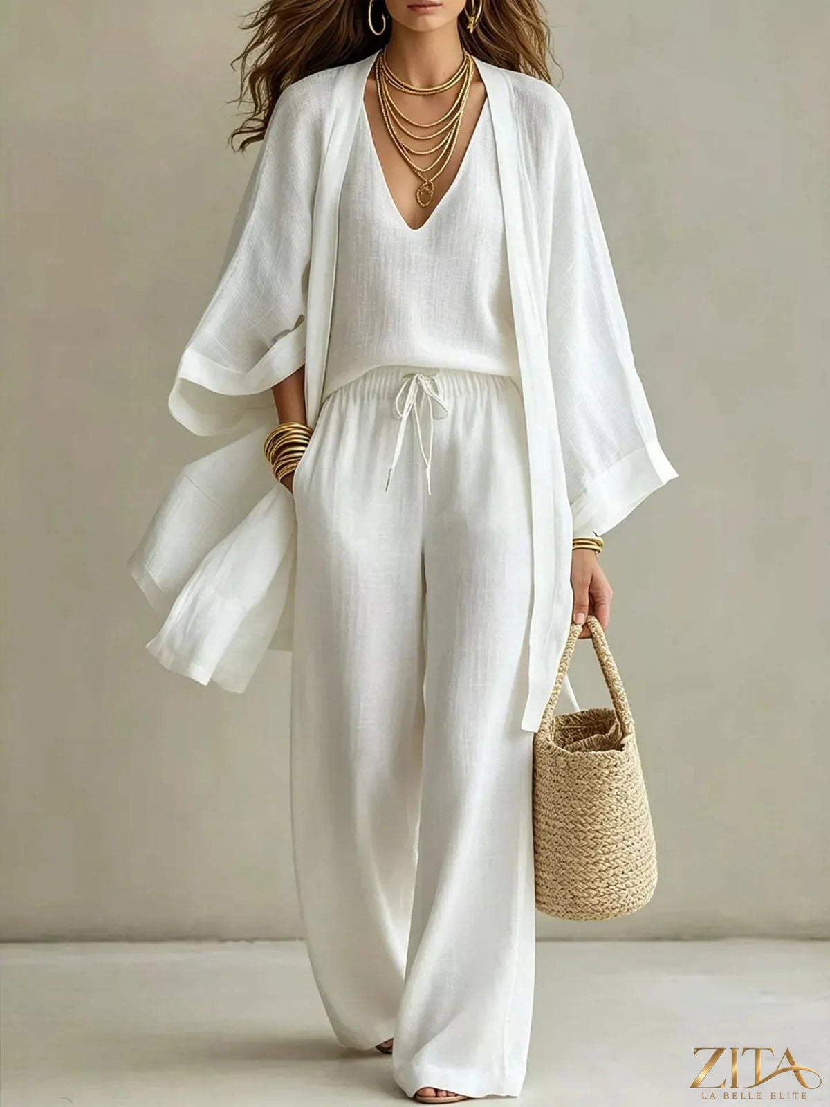 Zita La Belle Elite V-neck top, matching cardigan, and pants three-piece set, stylish and comfortable women's clothing ensemble.