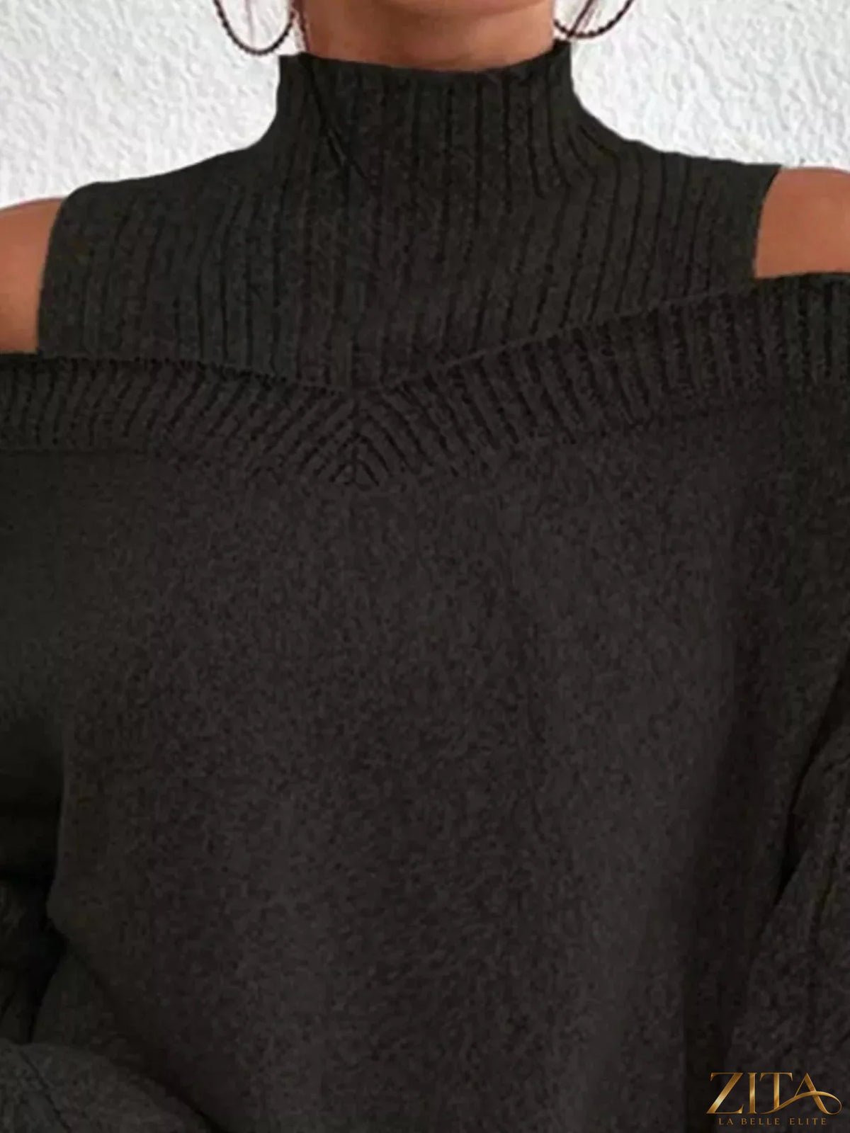 Zita La Belle Elite cold shoulder turtleneck sweater in cozy knit with cut-out shoulders and fitted design.