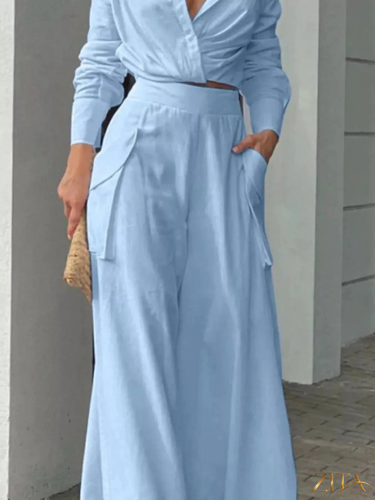 Zita La Belle Elite long sleeve shirt and wide leg pants set, stylish casual outfit, black color, front view.