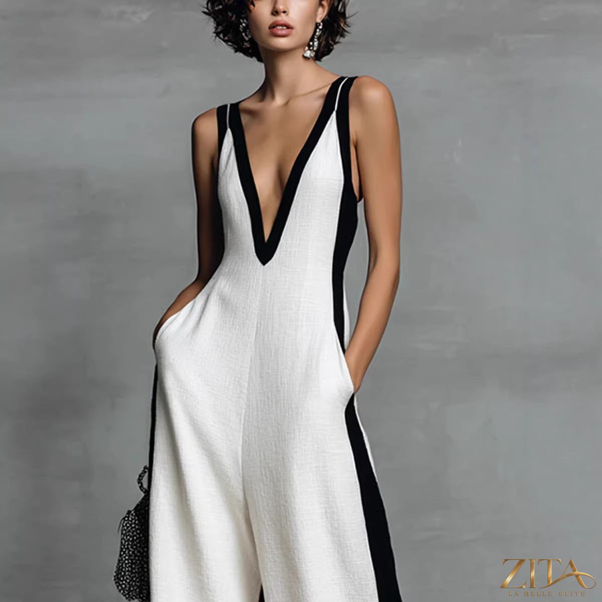 Color-block sleeveless V-neck wide-leg jumpsuit by Zita La Belle Elite, featuring a casualwear style with vibrant color panels.