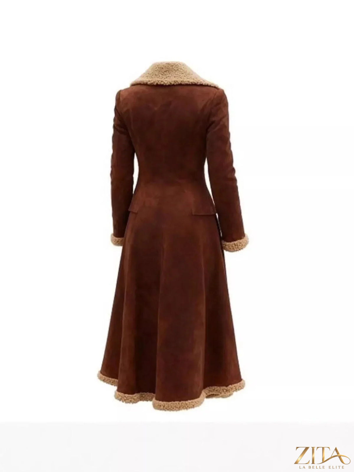 Vintage style suede overcoat with sherpa trim, by Zita La Belle Elite, shown in a cozy, textured design.