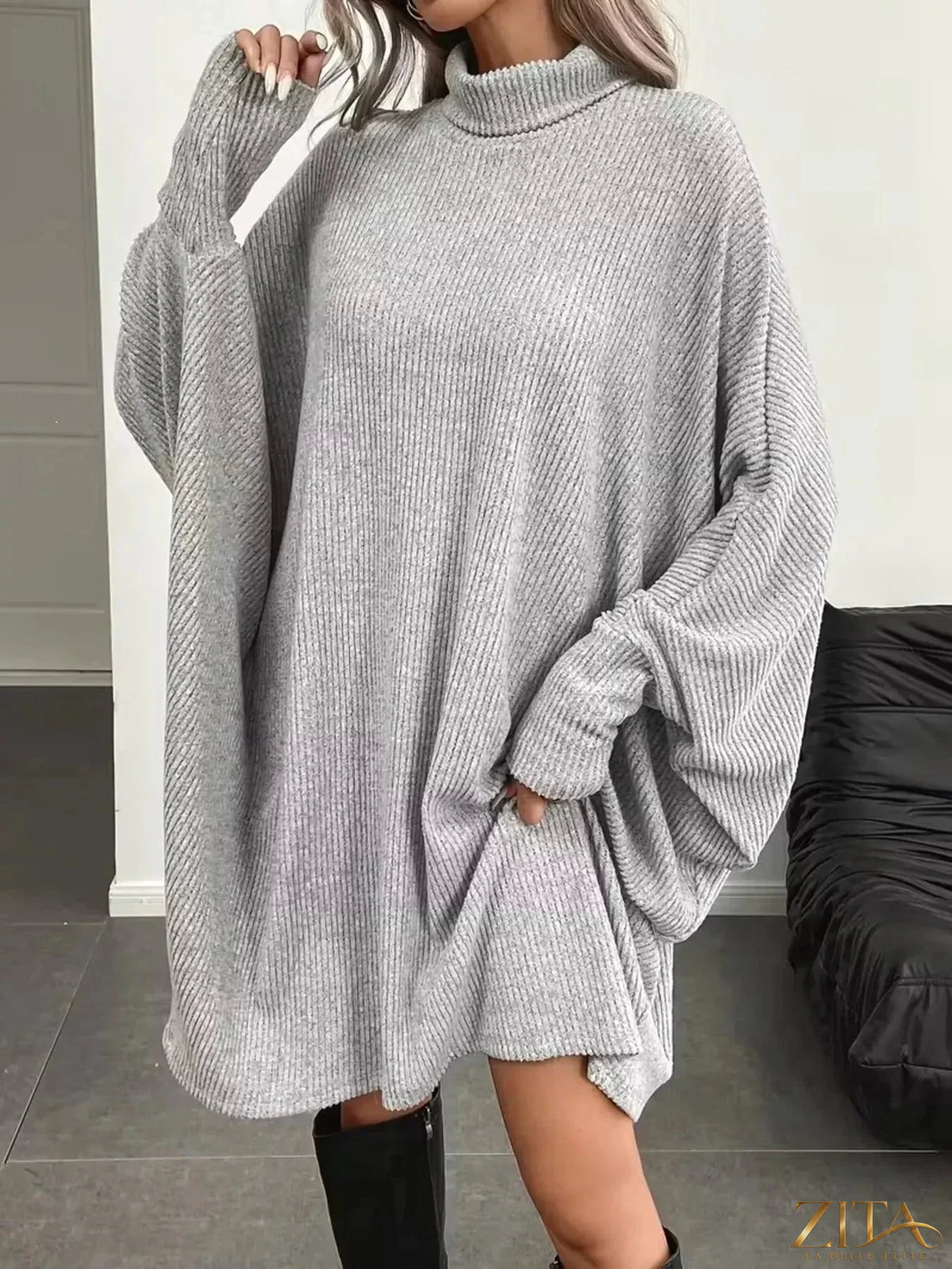 Zita La Belle Elite oversized batwing sleeve ribbed knit turtleneck dress, black, with relaxed fit and textured fabric.