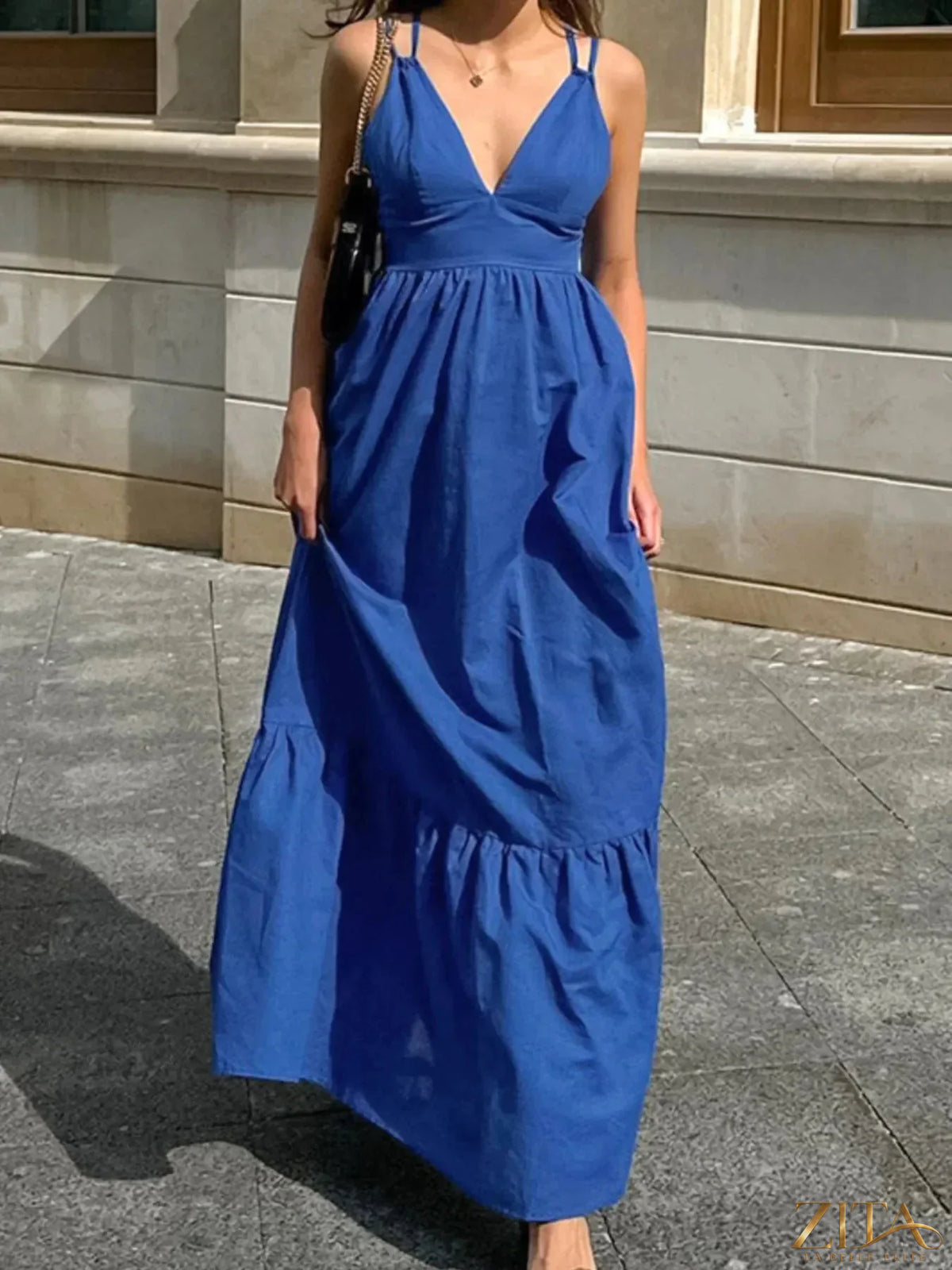 Zita La Belle Elite V-neck tiered maxi cami dress in flowing fabric with a sleeveless design and layered skirt.