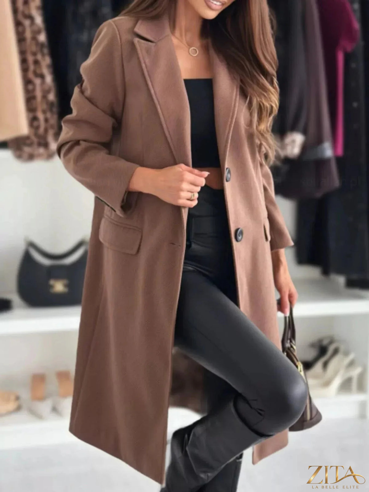 Zita La Belle Elite lapel collar long sleeve coat featuring a stylish design and classic fit, shown on a model.