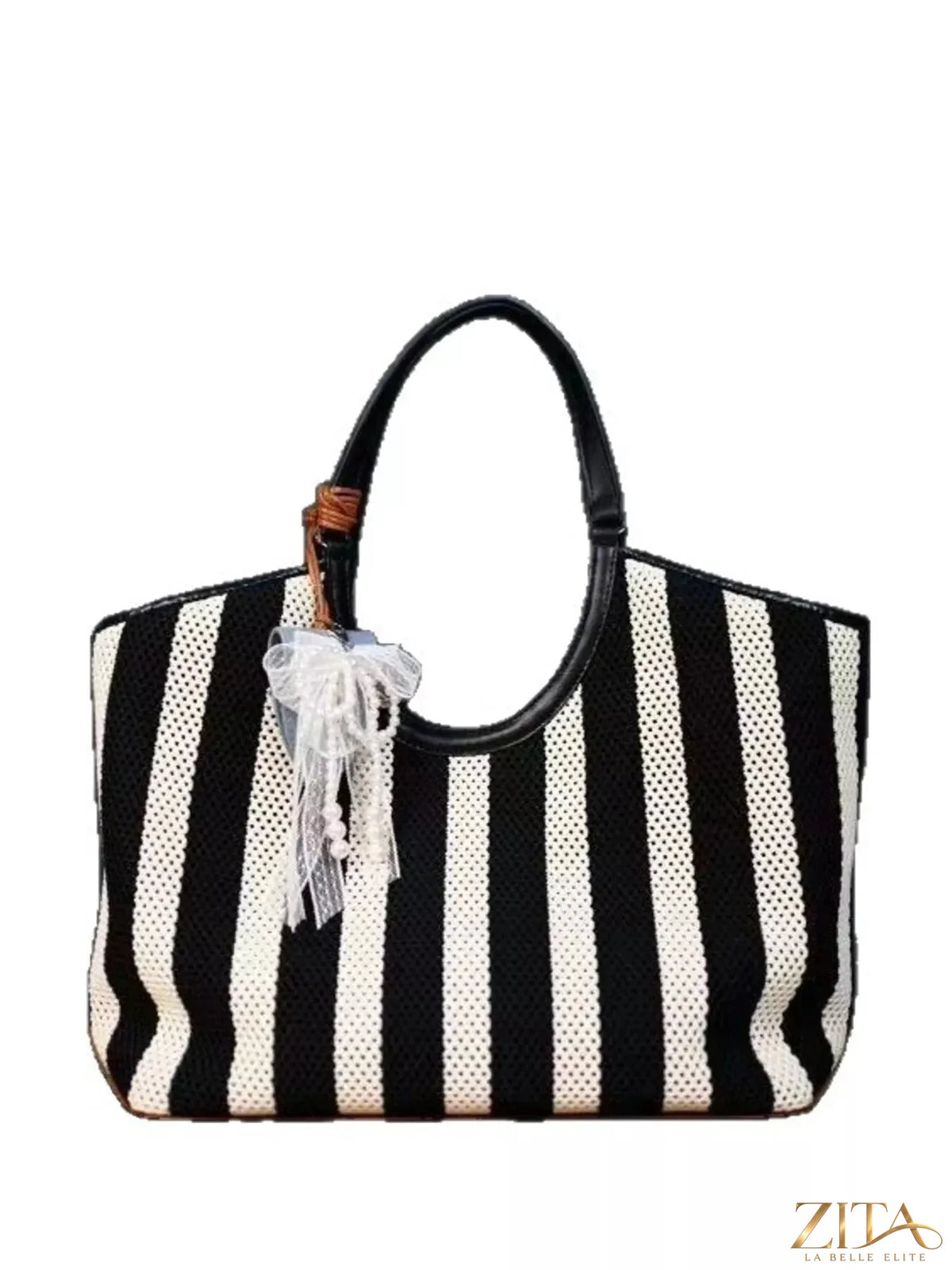 Contrast striped tote bag by Zita La Belle Elite with black and white horizontal stripes and sturdy handles.