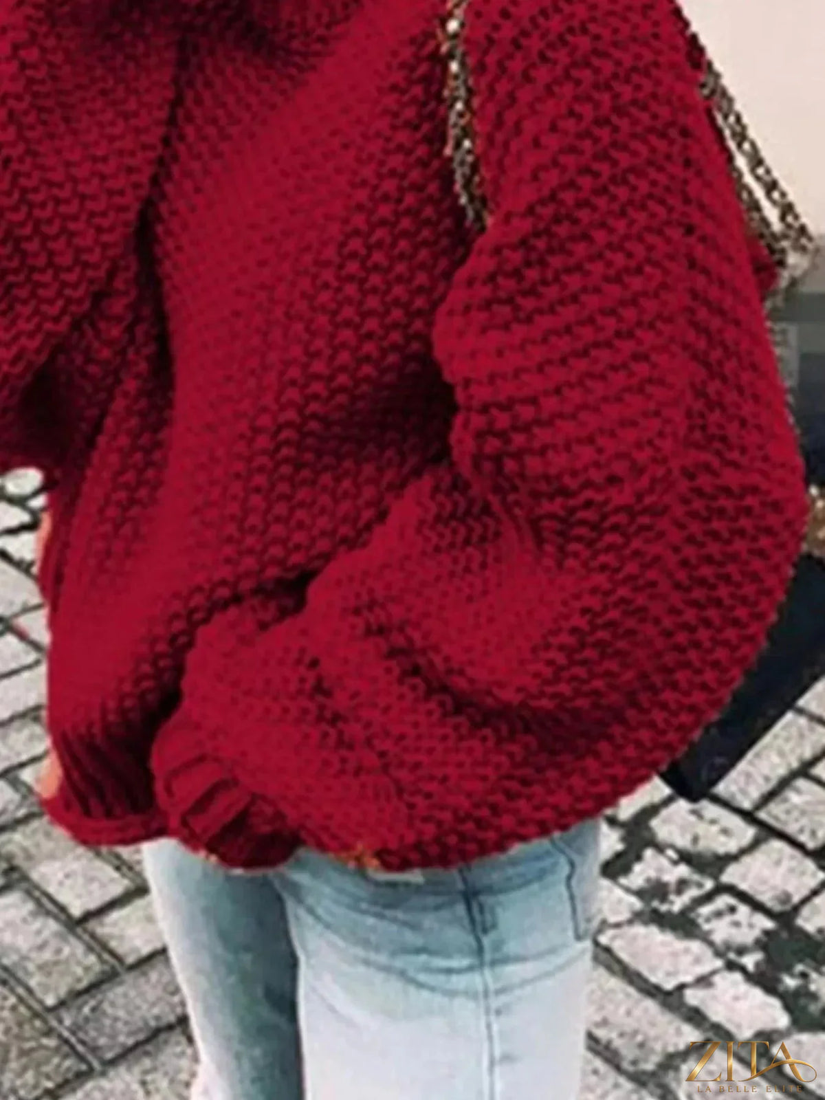 Zita La Belle Elite chunky knit turtleneck sweater in cozy beige with thick ribbed collar and textured knit pattern.