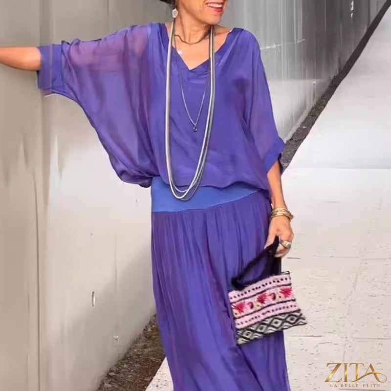 Zita La Belle Elite solid-color chiffon two-piece casualwear set in various colors, featuring a relaxed fit and stylish design.
