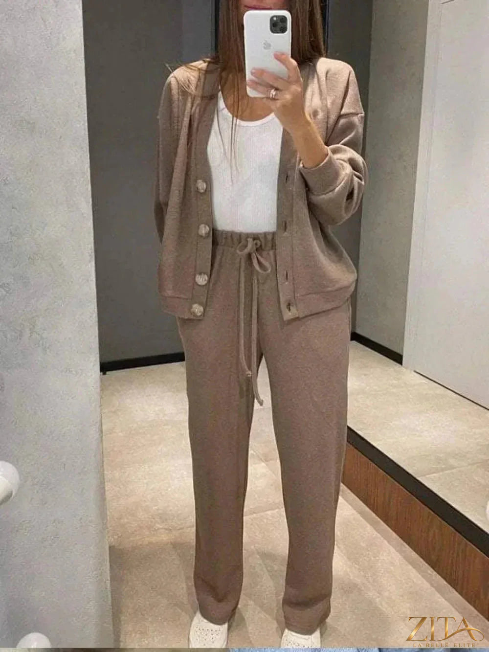 Zita La Belle Elite full-size button-up long sleeve top and pants set, beige color, casual comfortable loungewear ensemble.