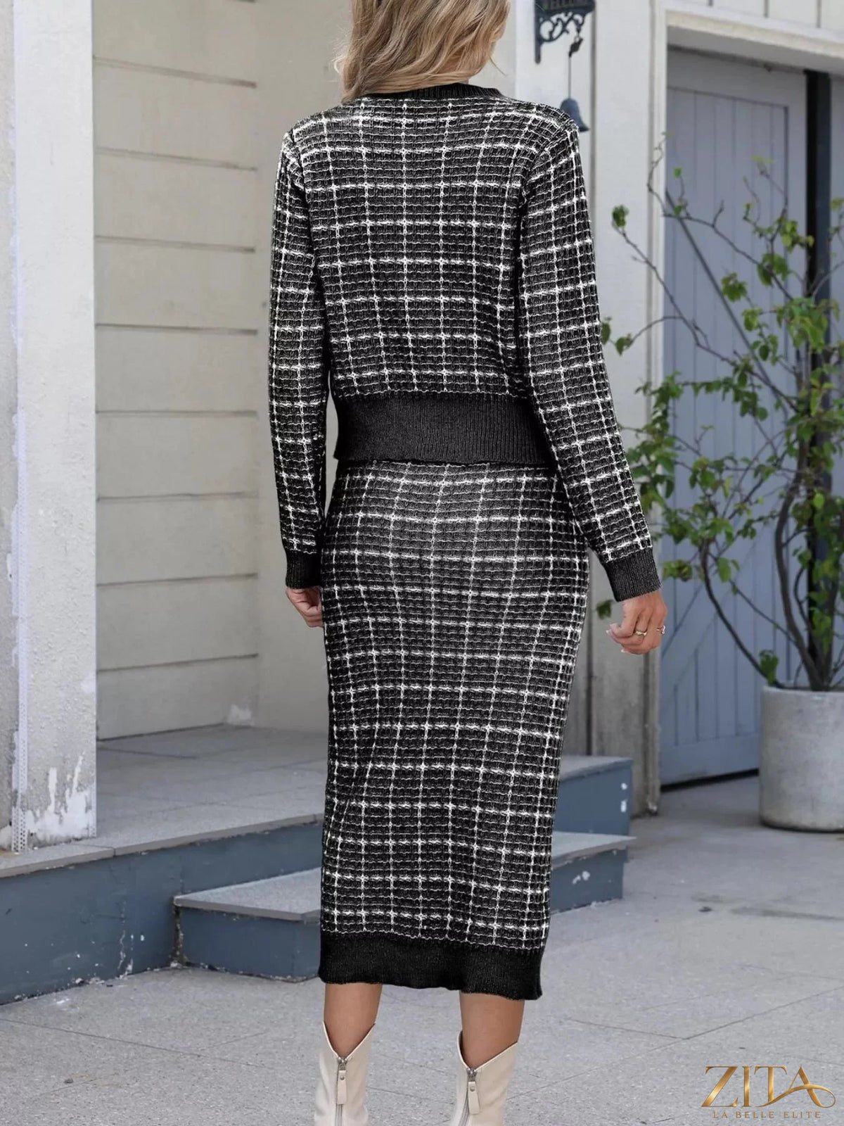 Zita La Belle Elite plaid knit cardigan and midi skirt sweater set displayed on a model, featuring cozy, stylish fall fashion.
