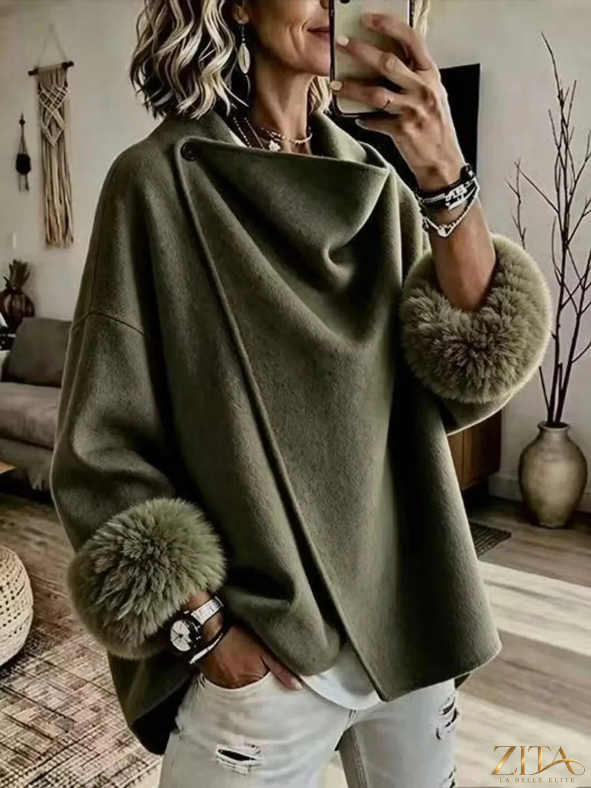Full size Zita La Belle Elite asymmetric faux fur cuff outerwear with elegant design, plus size, stylish winter coat.