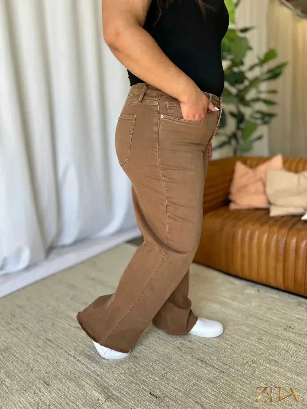 Zita La Belle Elite RFM full size high rise garment dye wide leg jeans displayed flat with a focus on the denim texture and high waist fit.