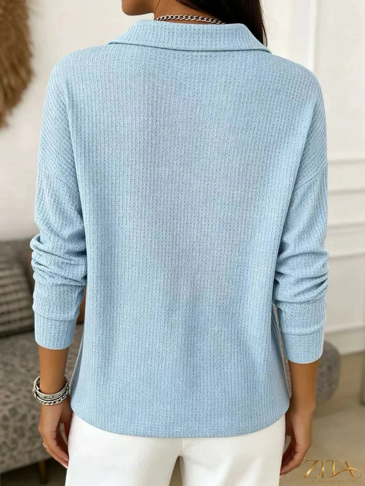 Zita La Belle Elite waffle knit snap-down blouse in a cozy, textured fabric with a classic collar and button closure.