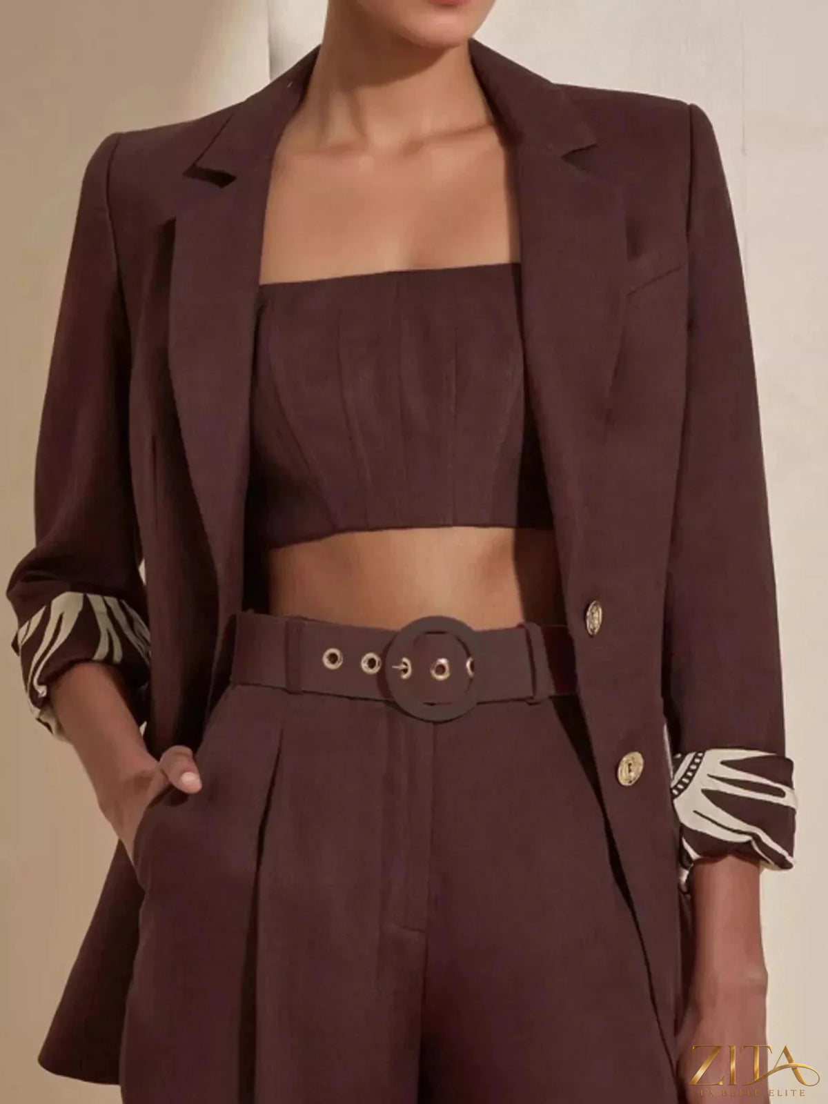 Zita La Belle Elite lapel collar blazer and wide leg pants set, stylish formal outfit with tailored blazer and flowing trousers.