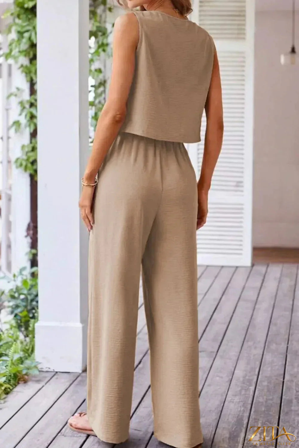 Zita La Belle Elite button down vest and drawstring wide-leg pants set, featuring a stylish vest and flowy pants in a coordinated outfit.