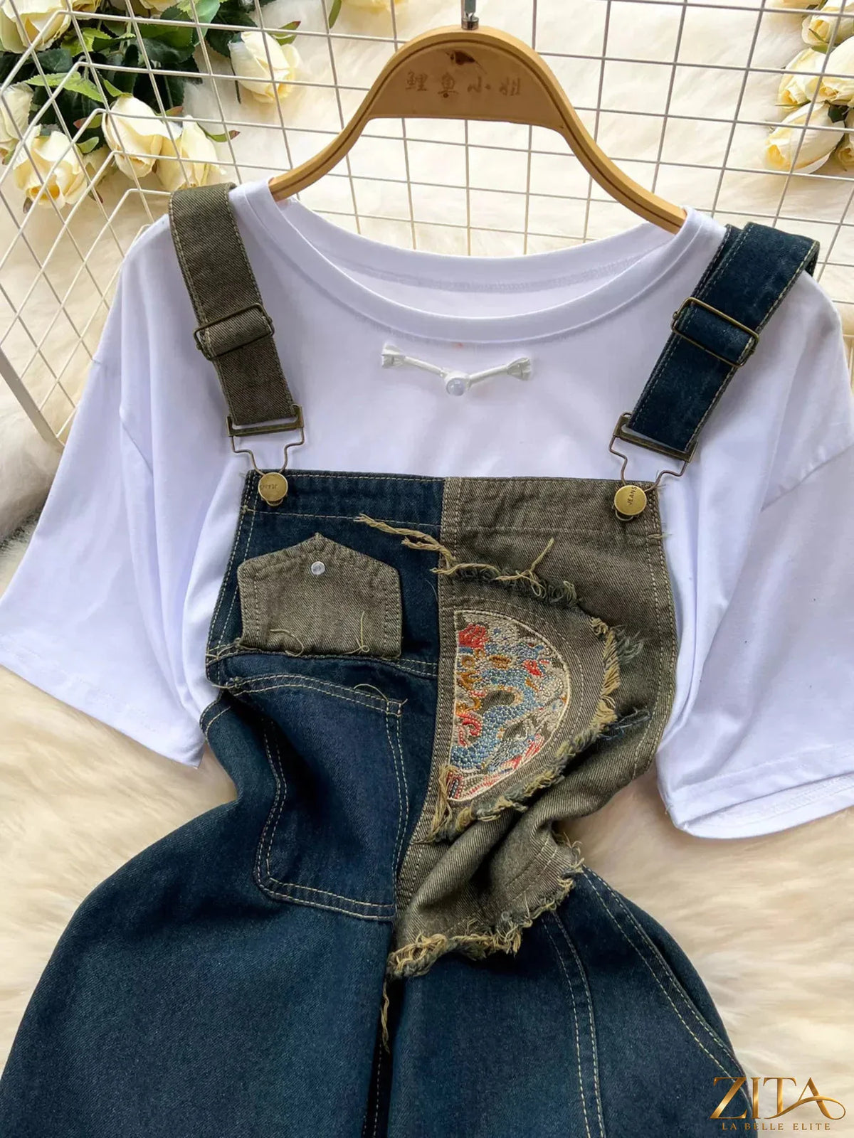 Zita La Belle Elite short sleeve T-shirt with denim overall dress for girls, casual outfit with colorful print and adjustable straps.
