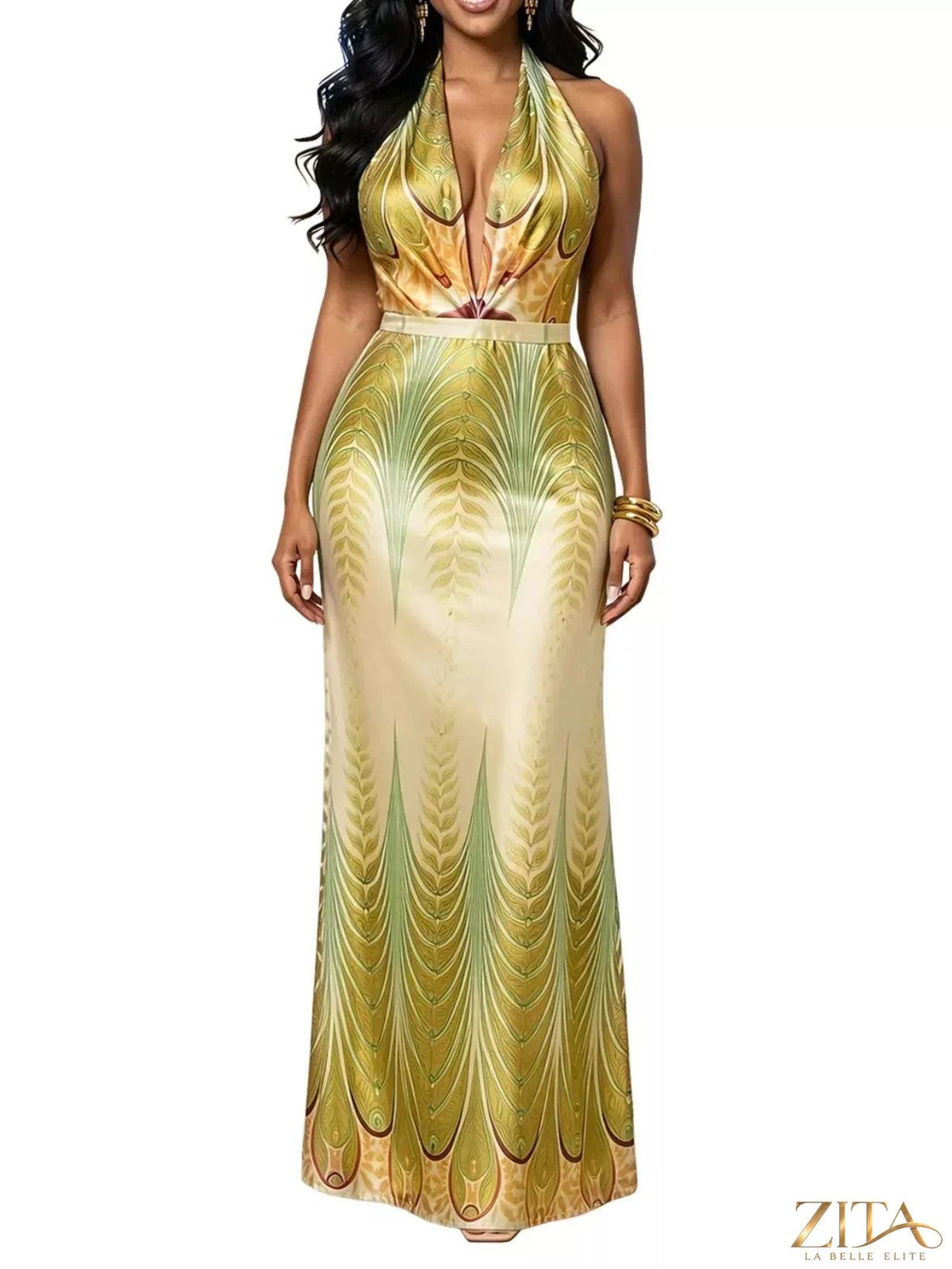 Elegant Zita La Belle Elite halter neck maxi dress with a gradient leaf print, flowing fabric and stylish design.