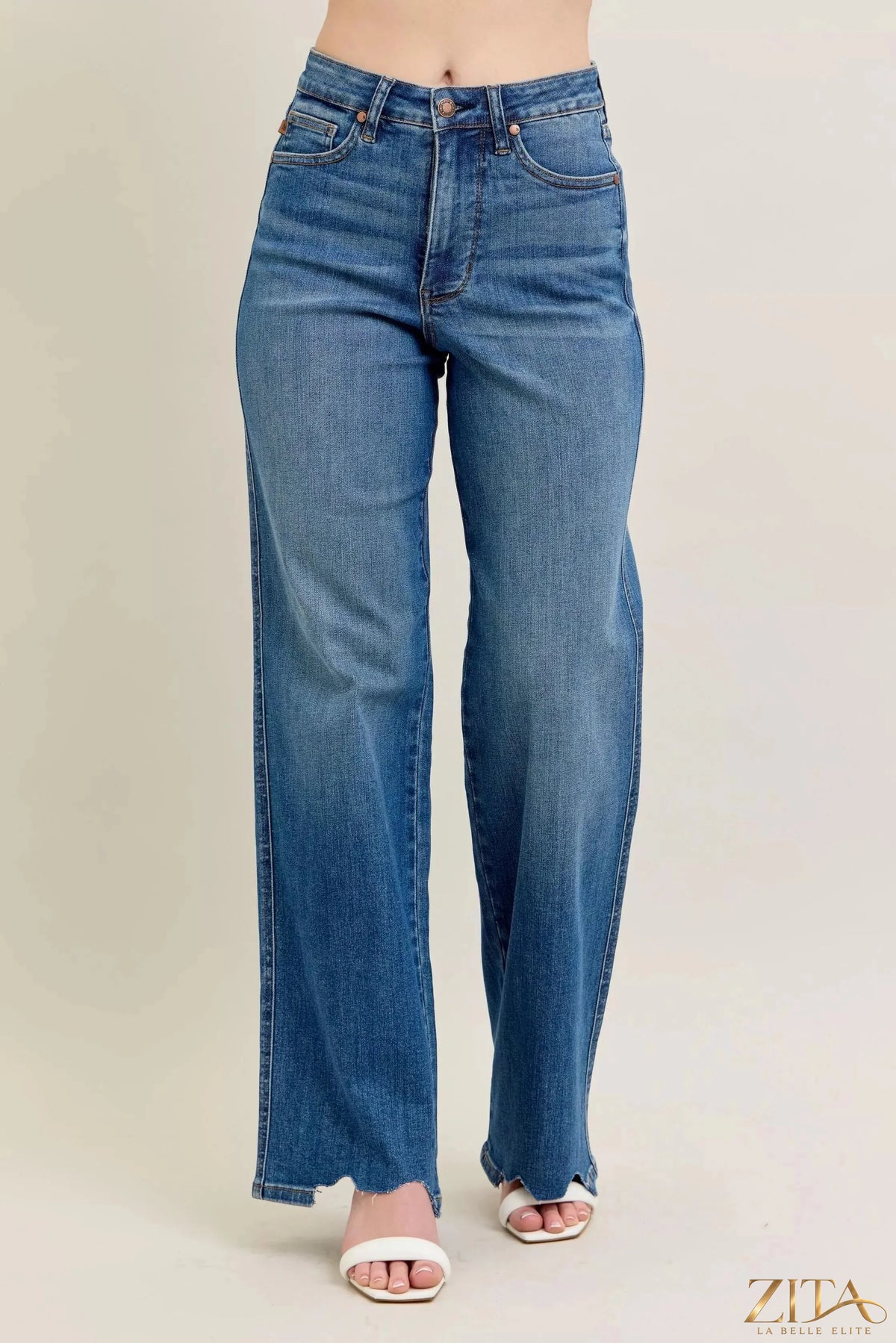 Zita La Belle Elite Judy Blue distressed wide-leg jeans with tummy control, featuring a high waist and ripped details.