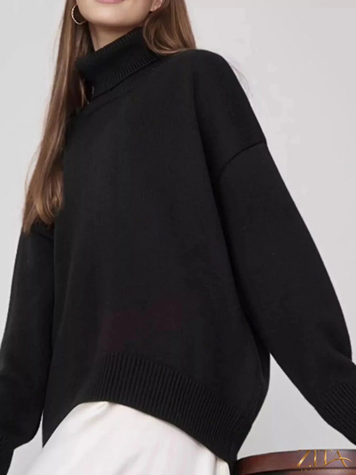 Zita La Belle Elite dropped shoulder turtleneck sweater in soft knit fabric, showcasing a cozy, stylish design with a relaxed fit.
