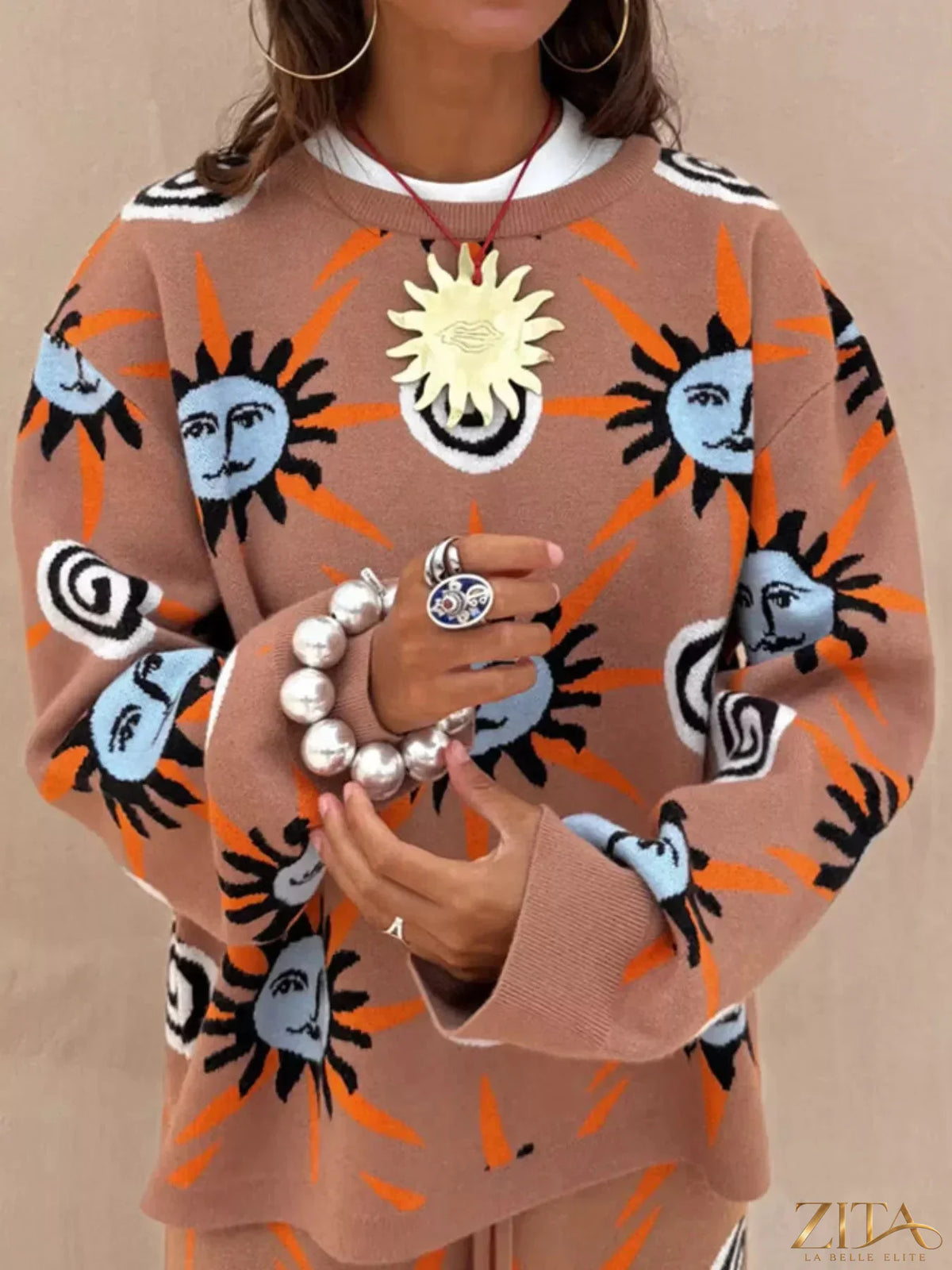Zita La Belle Elite 3-piece sweater set with sun graphic top, cozy cardigan, and matching pants for casual wear.