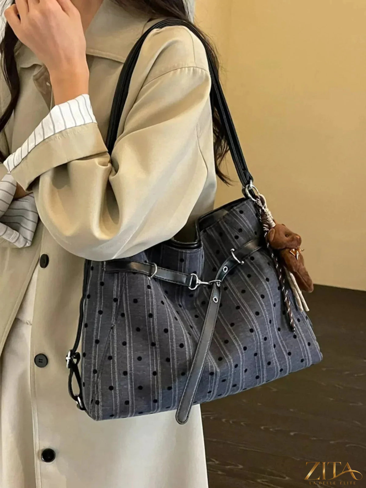 Zita La Belle Elite polka dot shoulder bag with adjustable strap and gold-tone hardware, stylish and lightweight for everyday use.