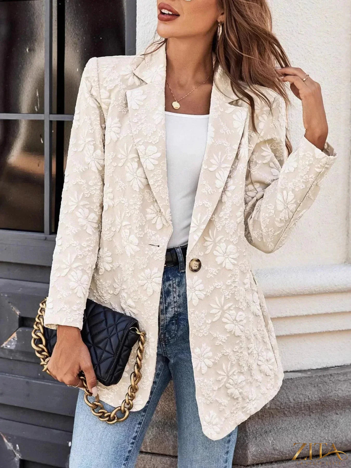 Zita La Belle Elite floral jacquard one-button long sleeve blazer with tailored fit and intricate floral pattern.
