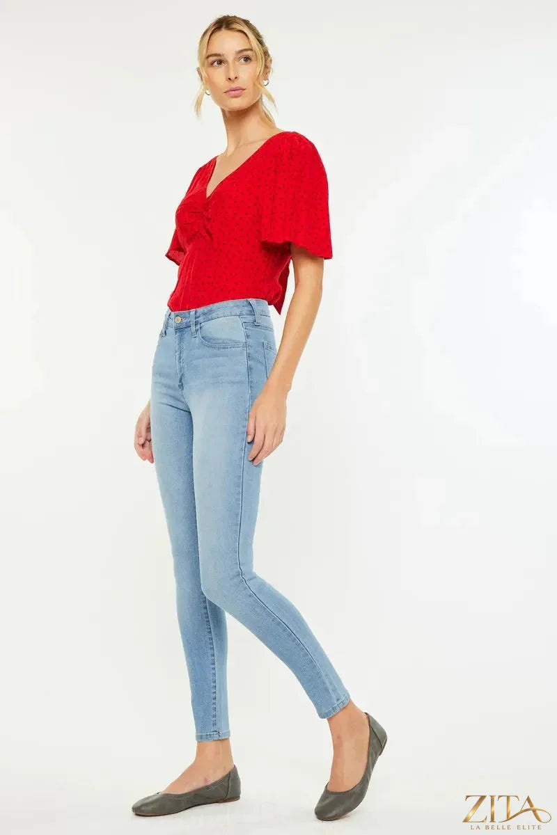 Zita La Belle Elite Kancan high-rise super skinny jeans in dark wash, flattering fit with front and back pockets, on a model.