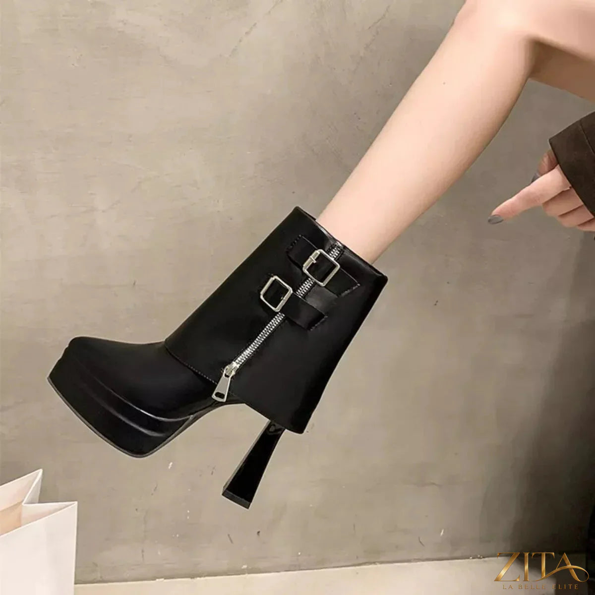 Zita La Belle Elite point toe high heels boots in black leather with sleek pointed toes and stiletto heels.