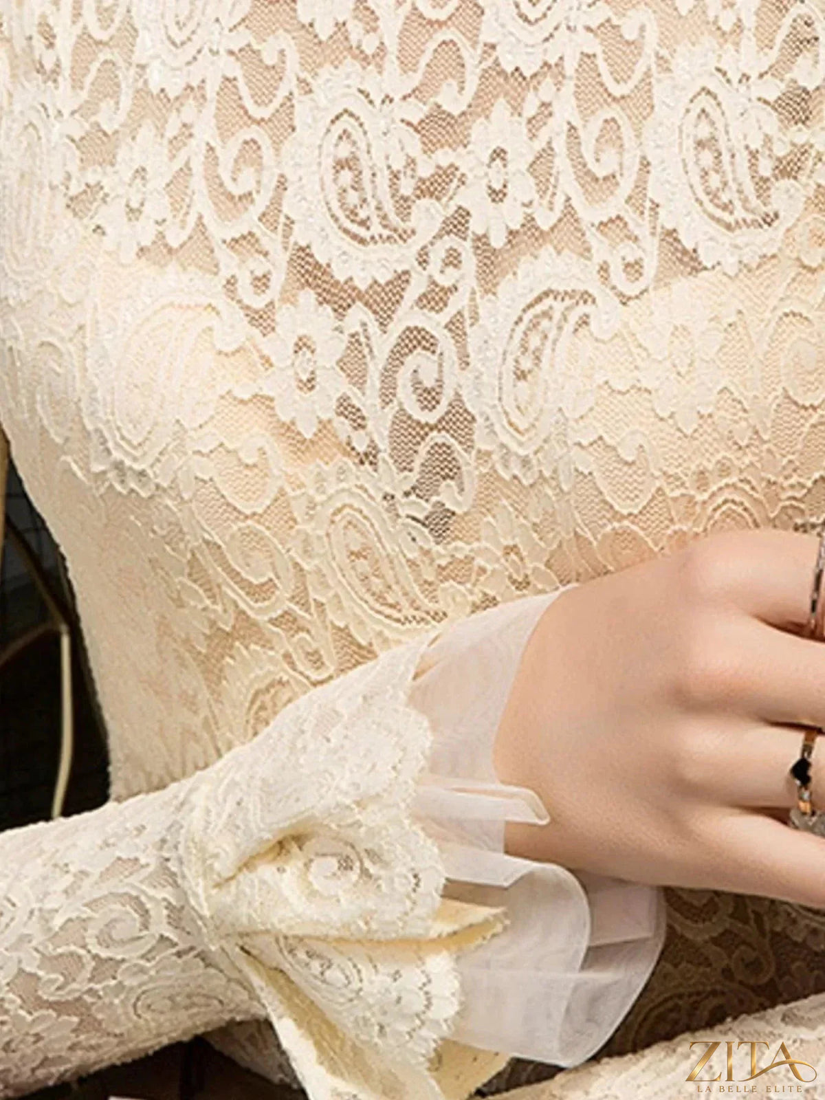 Zita La Belle Elite plus size lace mock neck long sleeve blouse, featuring intricate lace details and a fitted silhouette.